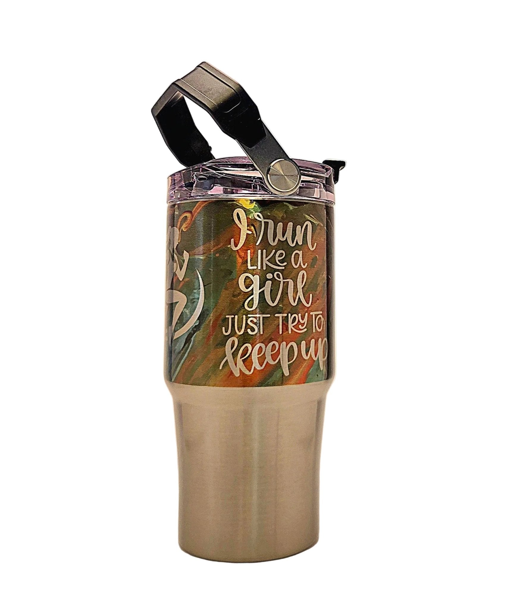 Running Motivational colorful Stainless Tumbler with Carrying Handle and Tri Sip Lid - Coffee Quips Custom Drinkware
