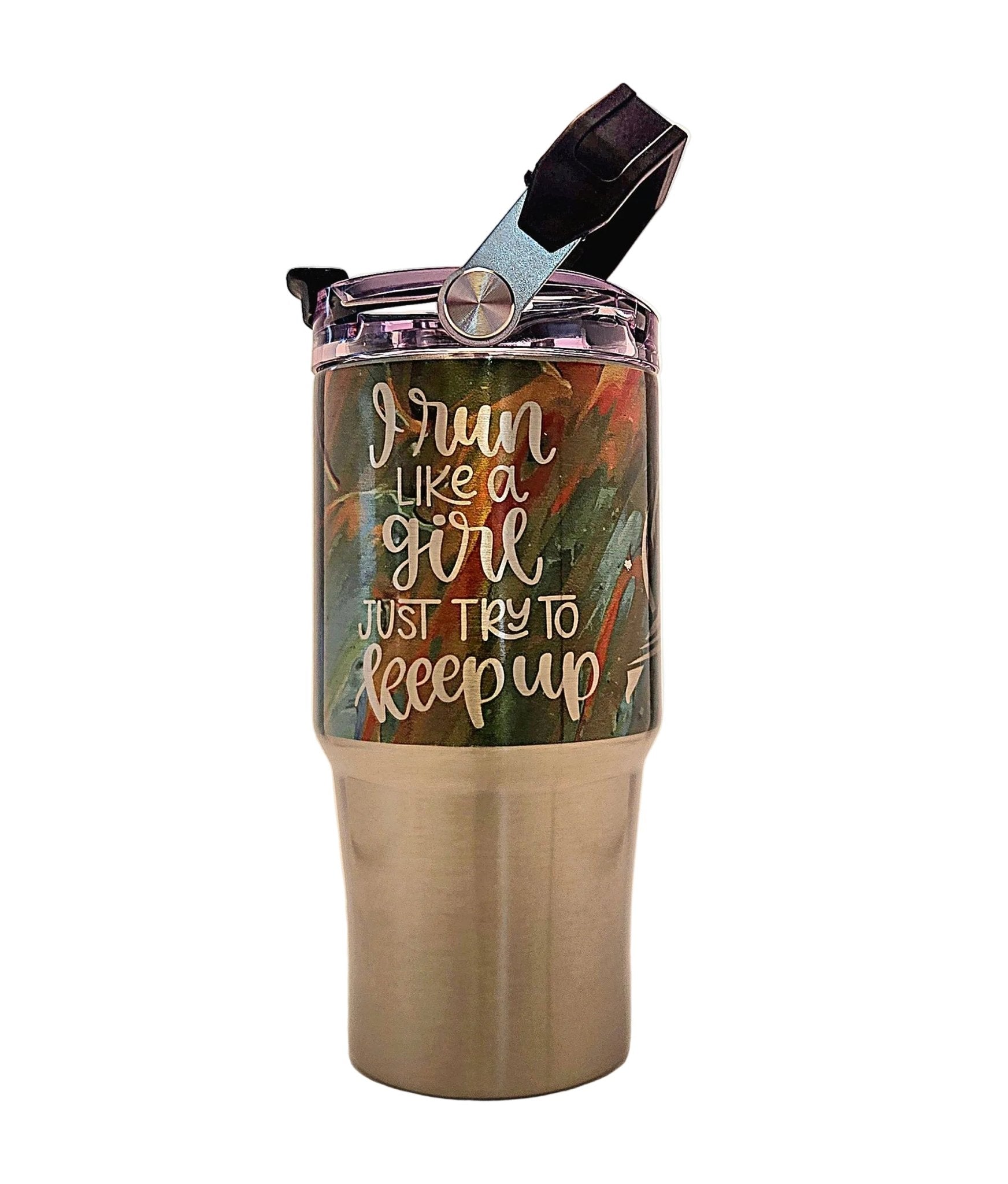 Running Motivational colorful Stainless Tumbler with Carrying Handle and Tri Sip Lid - Coffee Quips Custom Drinkware