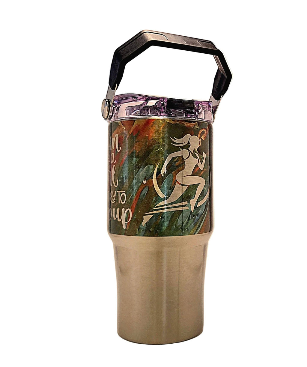 Running Motivational colorful Stainless Tumbler with Carrying Handle and Tri Sip Lid - Coffee Quips Custom Drinkware