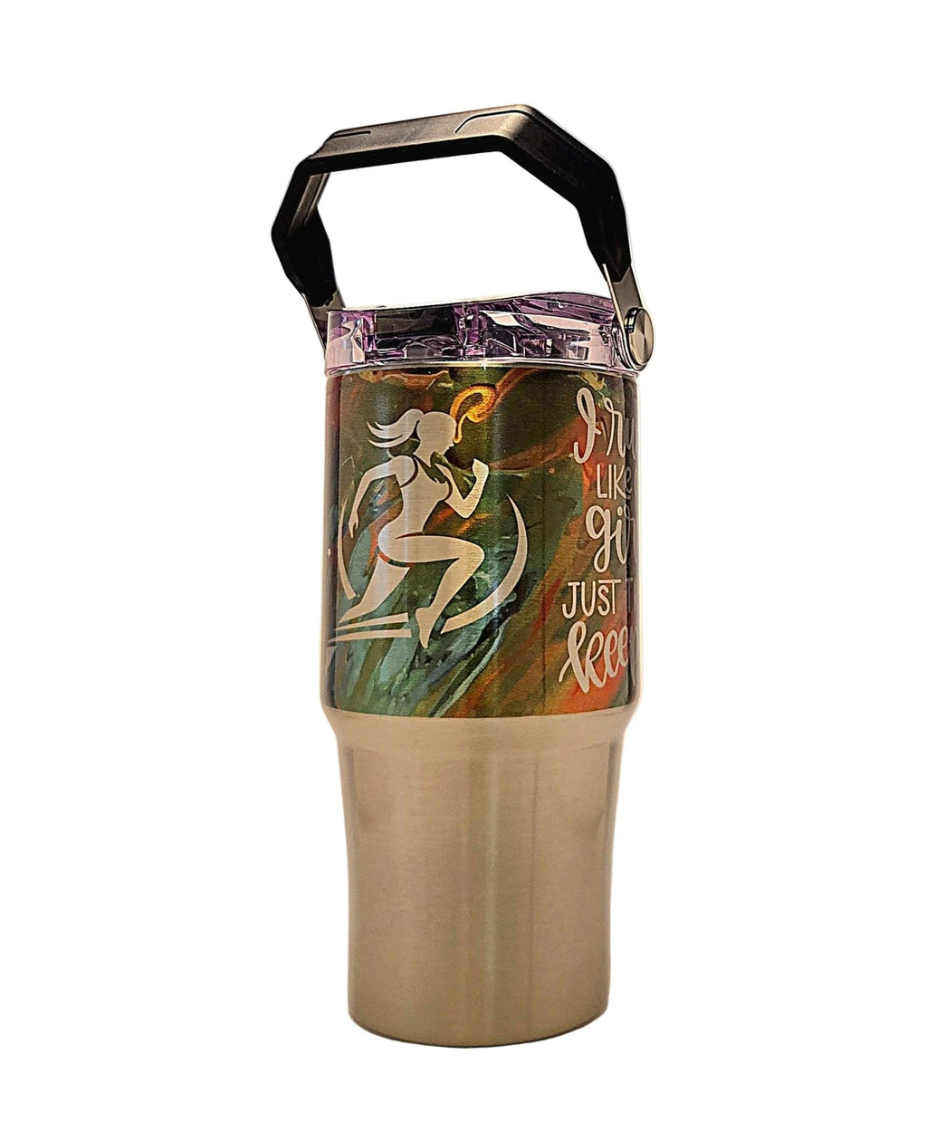 Running Motivational colorful Stainless Tumbler with Carrying Handle and Tri Sip Lid - Coffee Quips Custom Drinkware