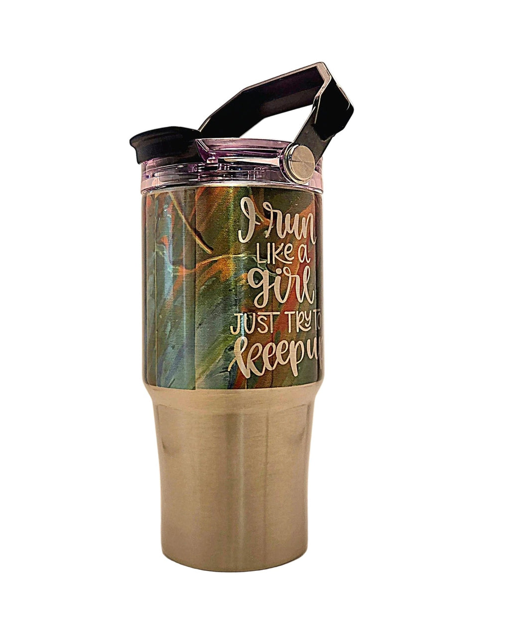 Running Motivational colorful Stainless Tumbler with Carrying Handle and Tri Sip Lid - Coffee Quips Custom Drinkware