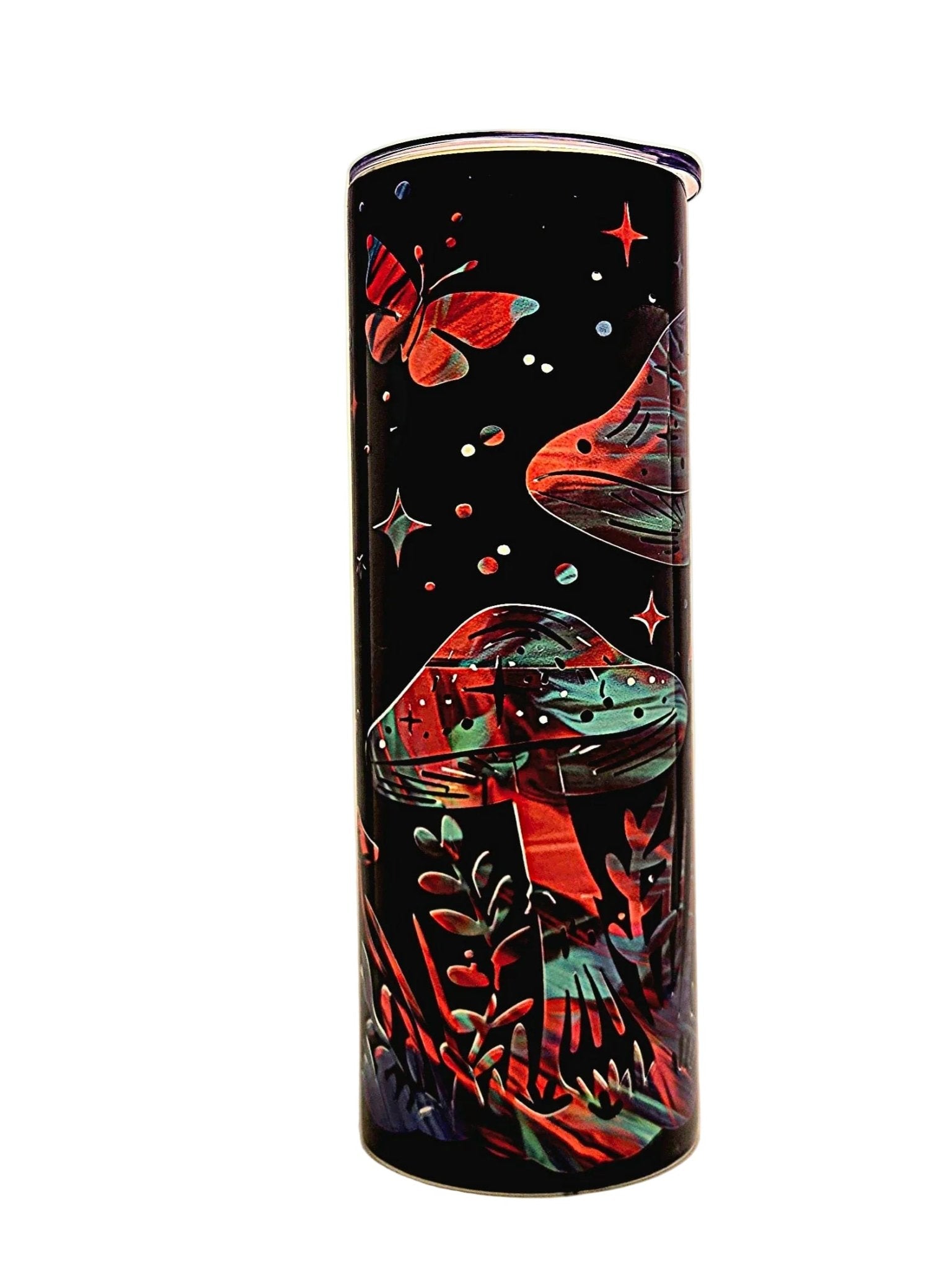 Skinny Stainless 20oz insulated Mystical Mushroom tumbler with BPA Free push on Lid - Coffee Quips Custom Drinkware