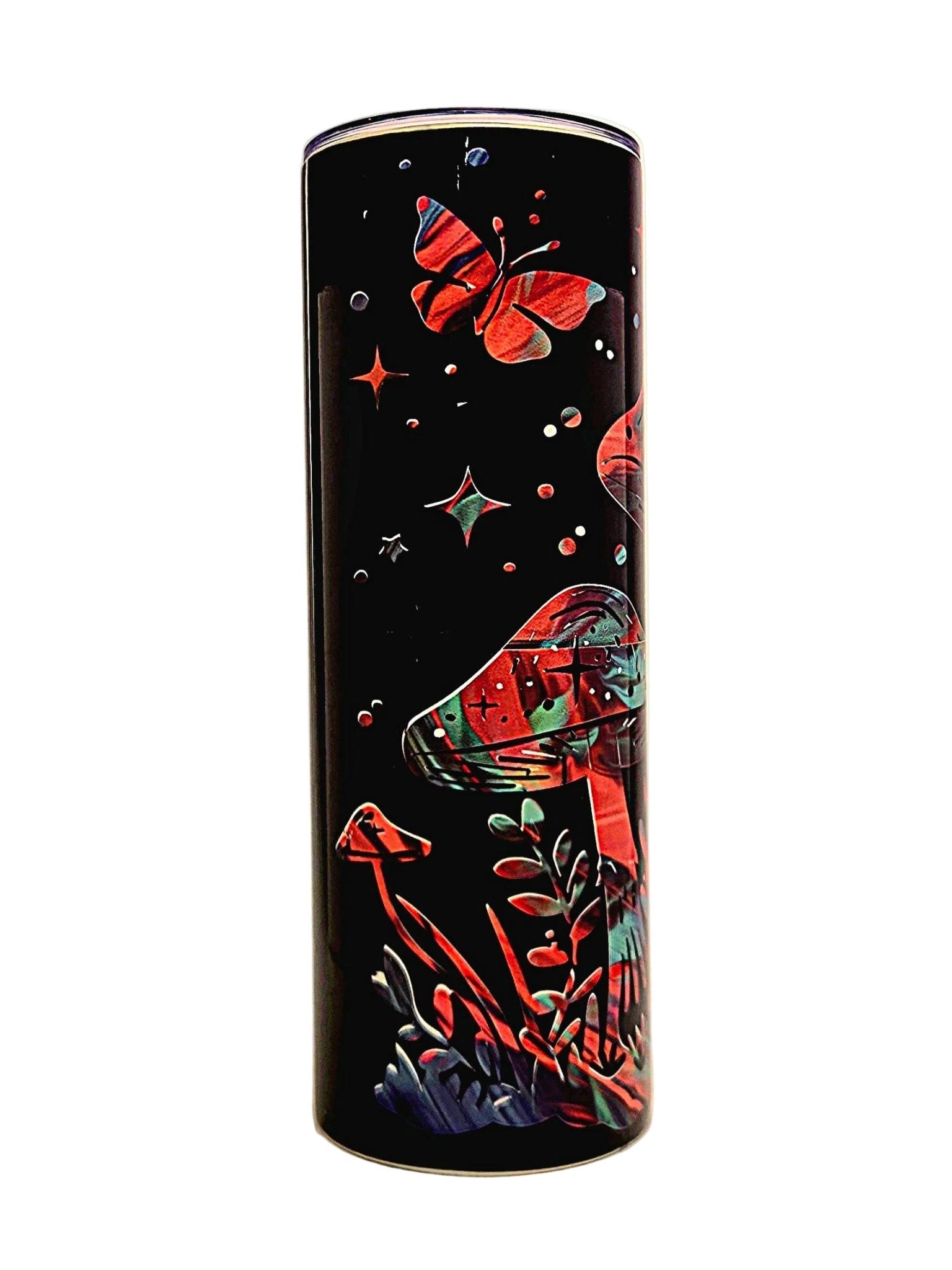 Skinny Stainless 20oz insulated Mystical Mushroom tumbler with BPA Free push on Lid - Coffee Quips Custom Drinkware