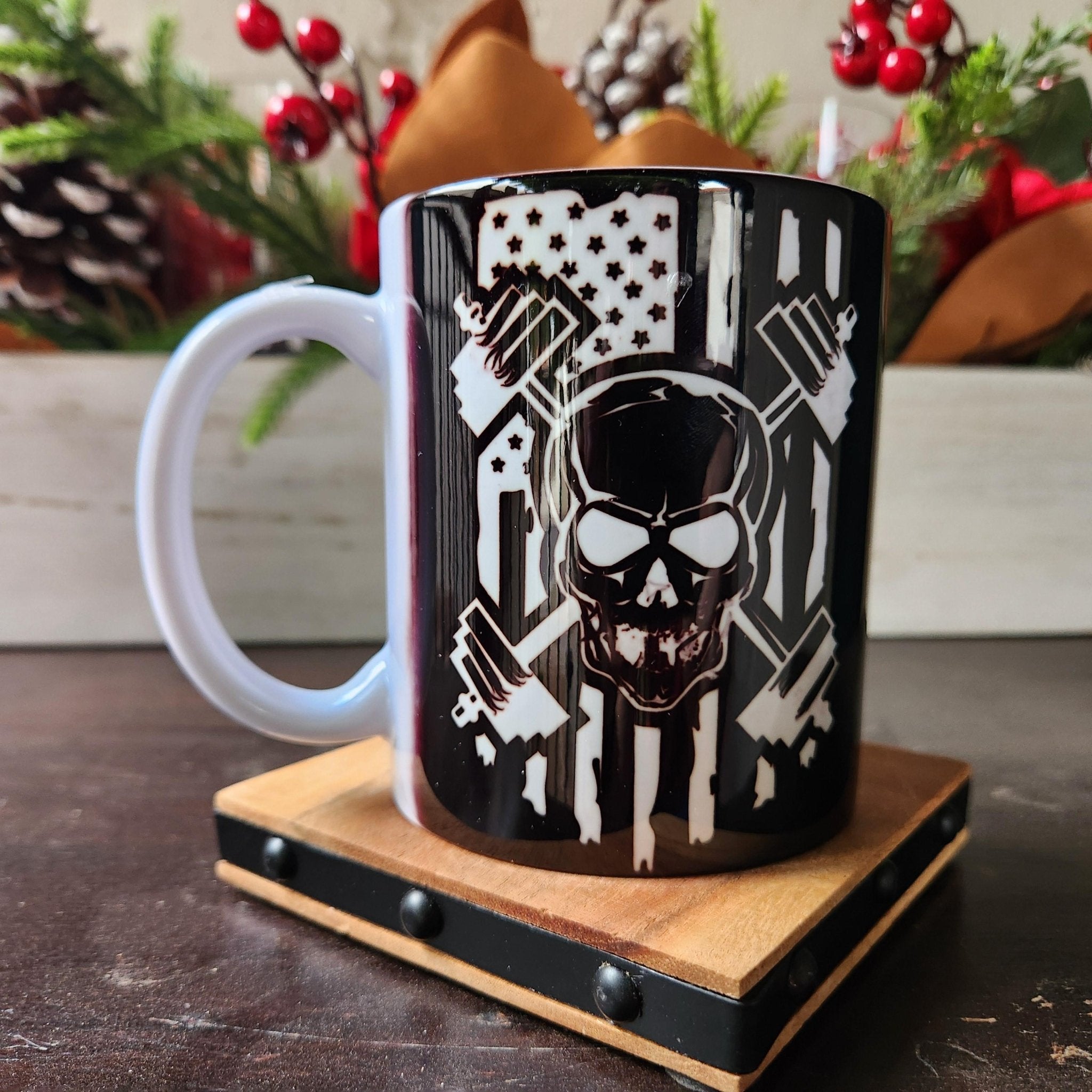 Skull & Weights Ceramic Coffee Mug, Patriotic Fitness Gift - Coffee Quips Custom Drinkware