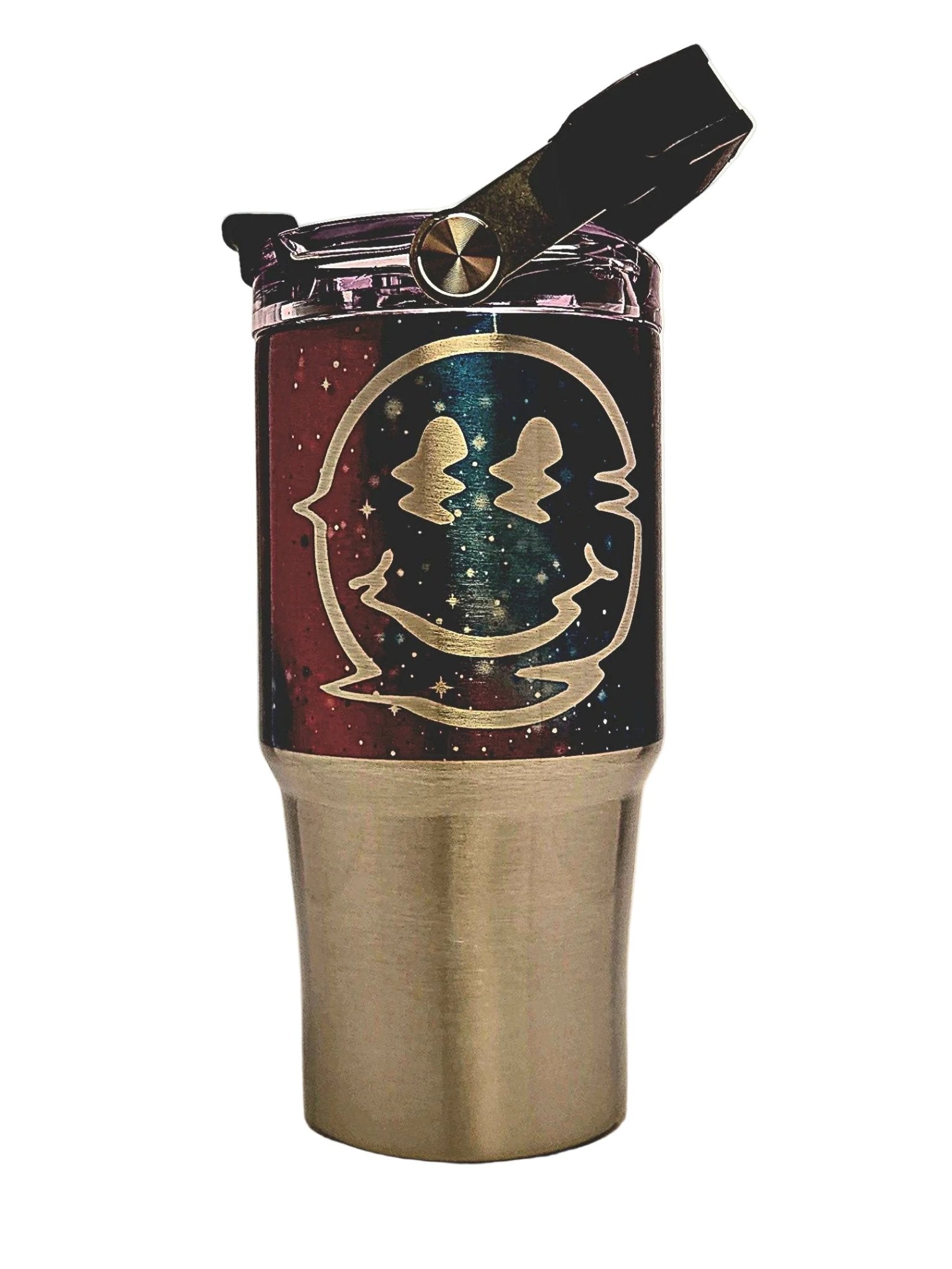 Insulated Tumbler with a smiley face design on a starry background - Coffee Quips Custom Drinkware