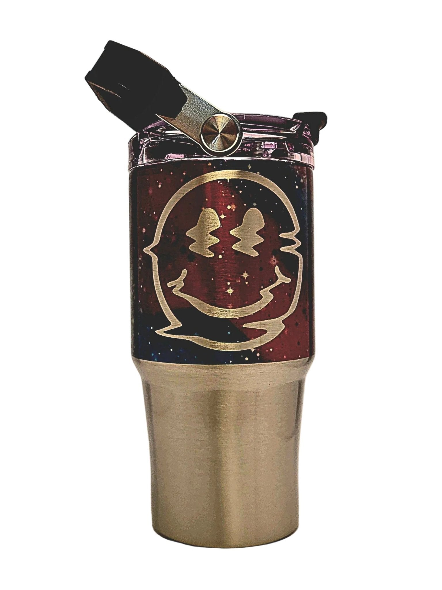 Insulated Tumbler with a smiley face design on a starry background - Coffee Quips Custom Drinkware