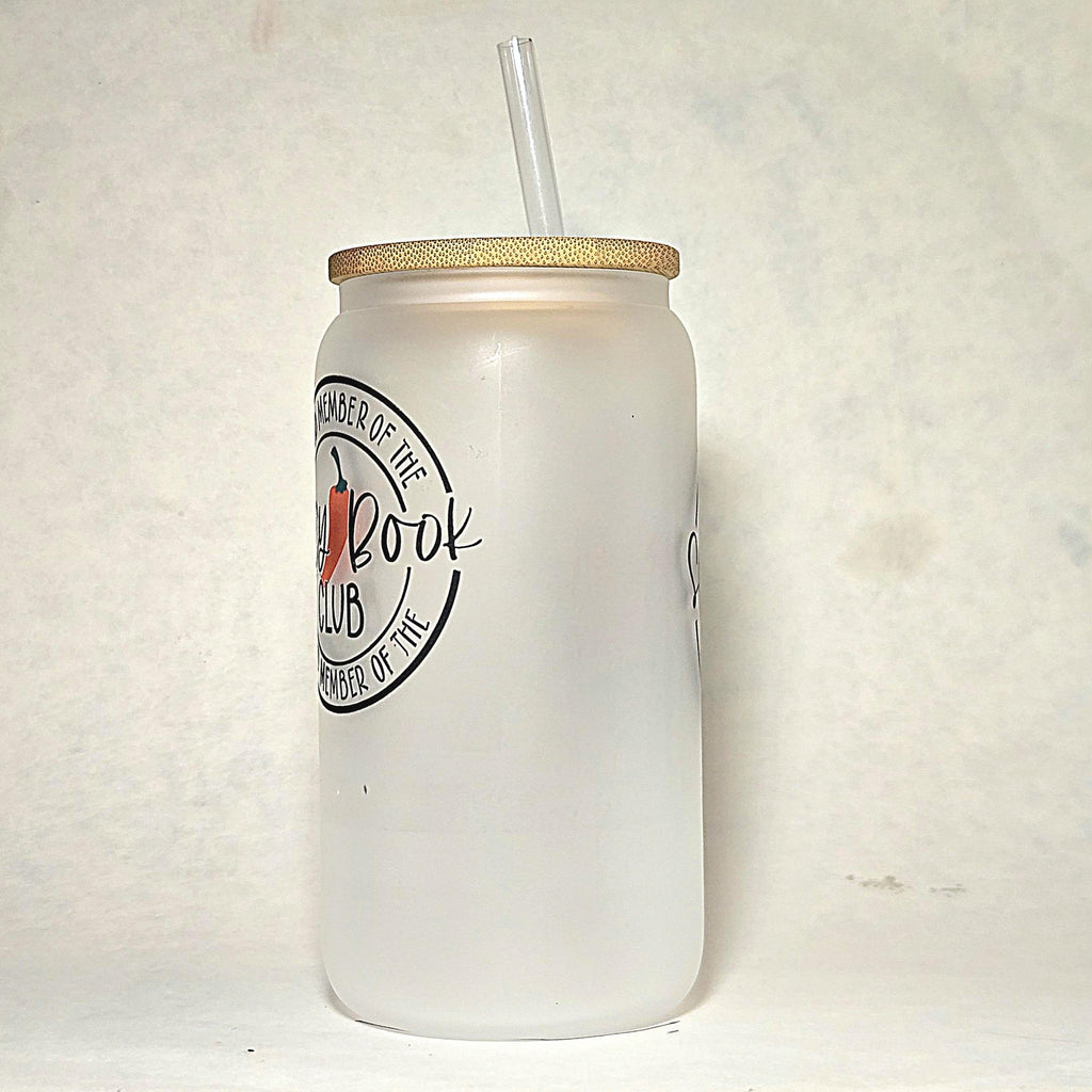 Spicy Book Club Glass Can Tumbler: Frosted Coffee Quips - Coffee Quips Custom Drinkware