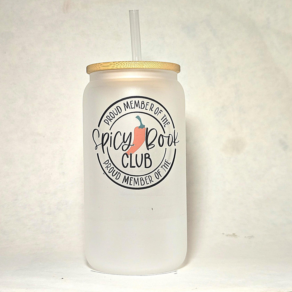 Spicy Book Club Glass Can Tumbler: Frosted Coffee Quips - Coffee Quips Custom Drinkware