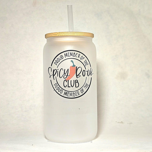 16oz Spicy Book Club Glass Can Tumbler with bamboo lid:  - Coffee Quips Custom Drinkware