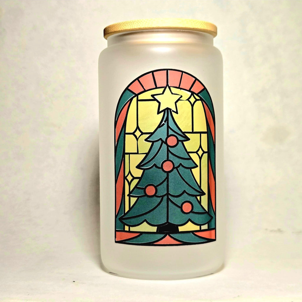 Stained Glass Christmas Tree window glass tumbler - Coffee Quips Custom Drinkware