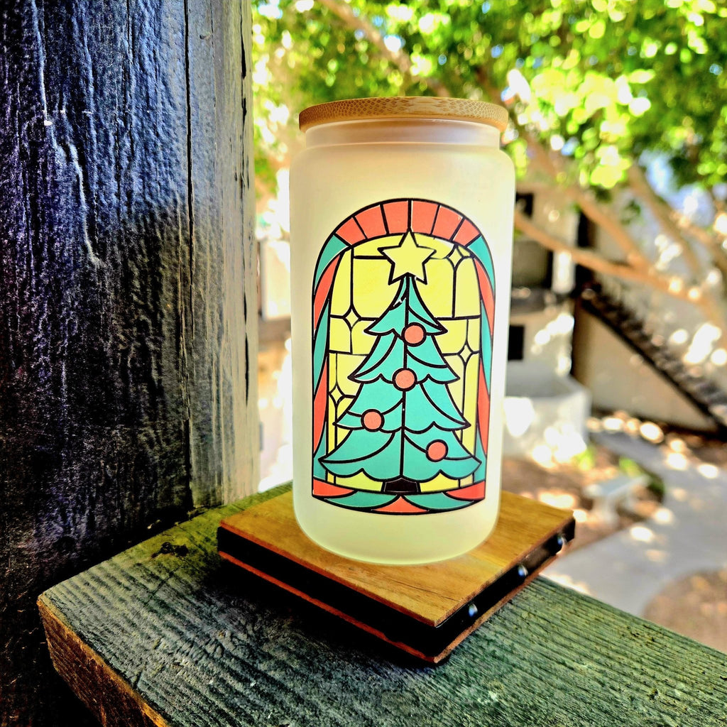 Stained Glass Christmas Tree window glass tumbler - Coffee Quips Custom Drinkware