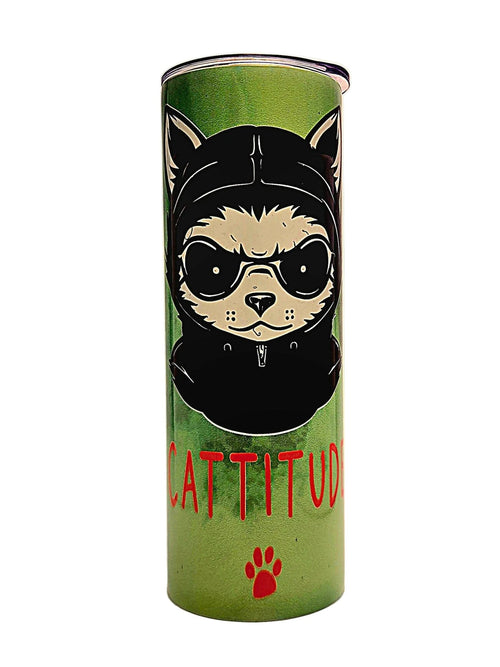 Stainless insulated Straight side 20oz Cattitude tumbler with BPA Free push on lid - Coffee Quips Custom Drinkware