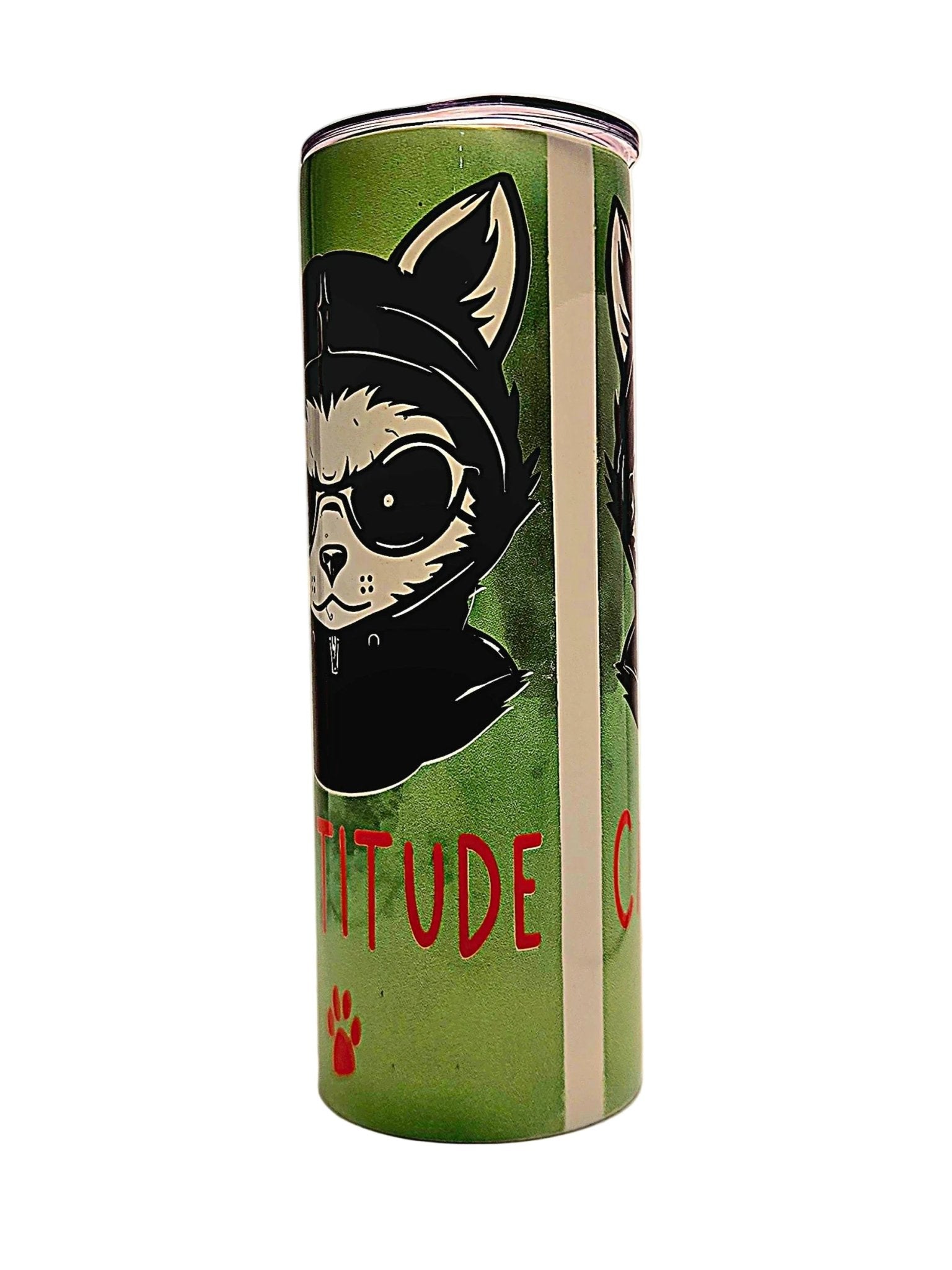 Stainless insulated Straight side 20oz Cattitude tumbler with BPA Free push on lid - Coffee Quips Custom Drinkware