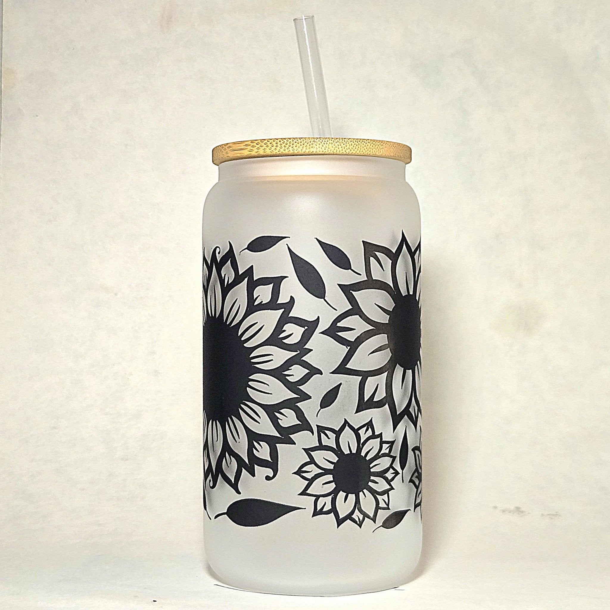 Sunflower Glass Can Tumbler: Frosted Coffee Quips Jar with Bamboo Lid - Coffee Quips Custom Drinkware