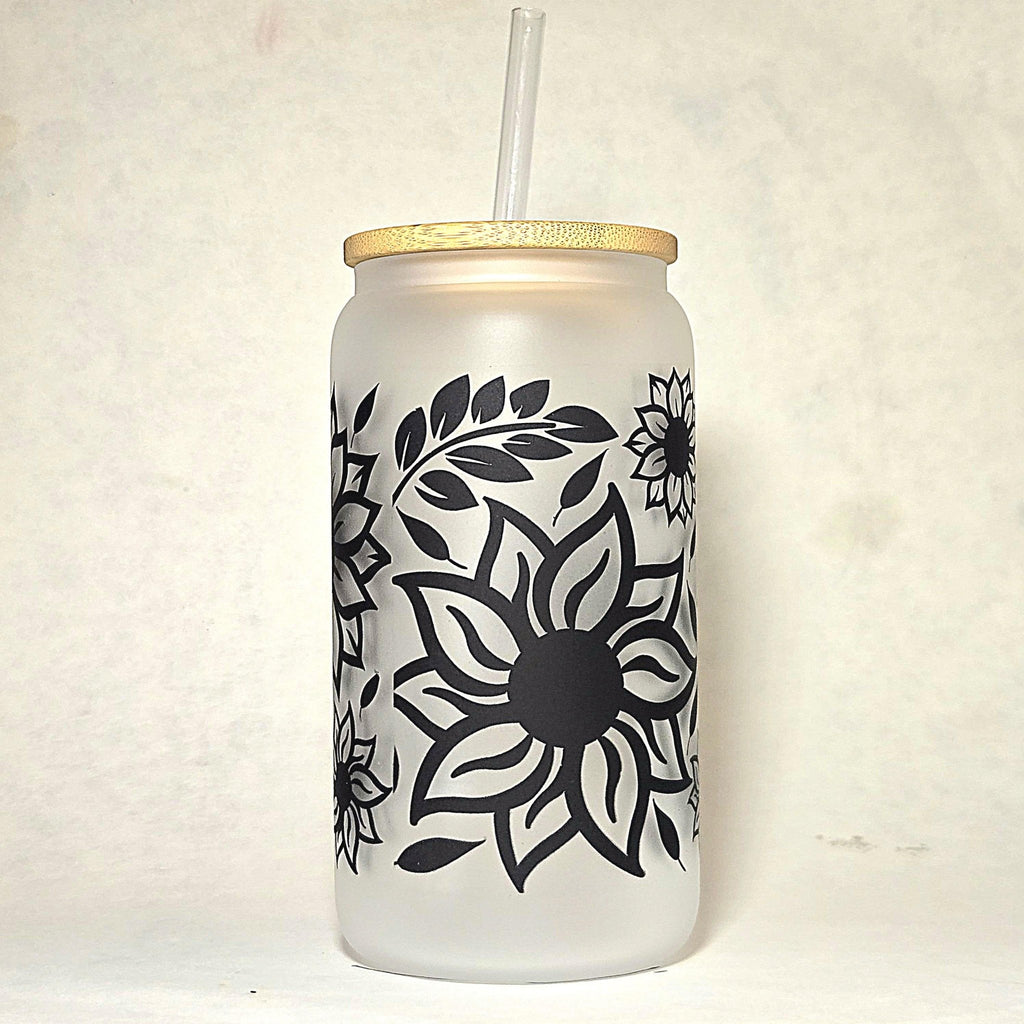 Sunflower Glass Can Tumbler: Frosted Coffee Quips Jar with Bamboo Lid - Coffee Quips Custom Drinkware