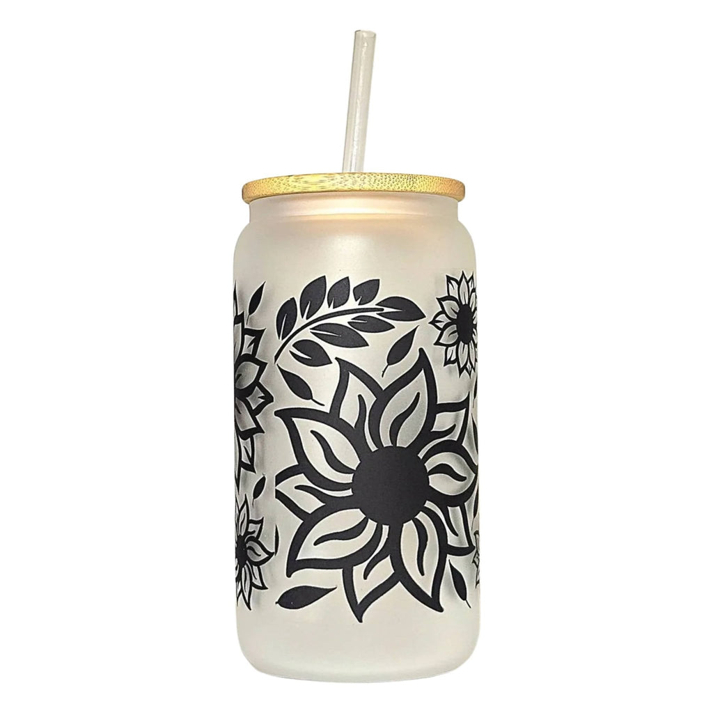 Sunflower Glass Can Tumbler: Frosted Coffee Quips Jar with Bamboo Lid - Coffee Quips Custom Drinkware