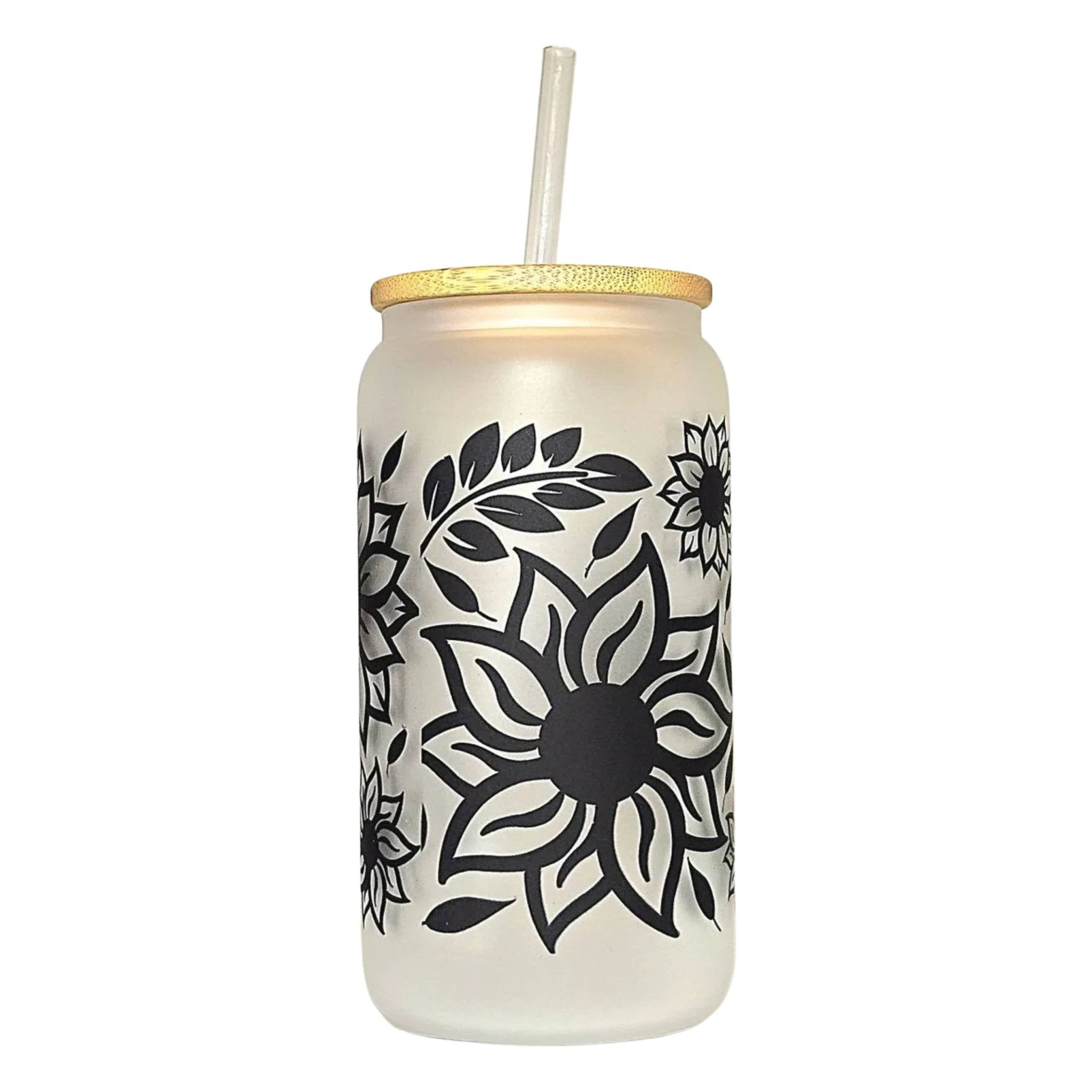 Sunflower Glass Can Tumbler: Frosted Coffee Quips Jar with Bamboo Lid - Coffee Quips Custom Drinkware