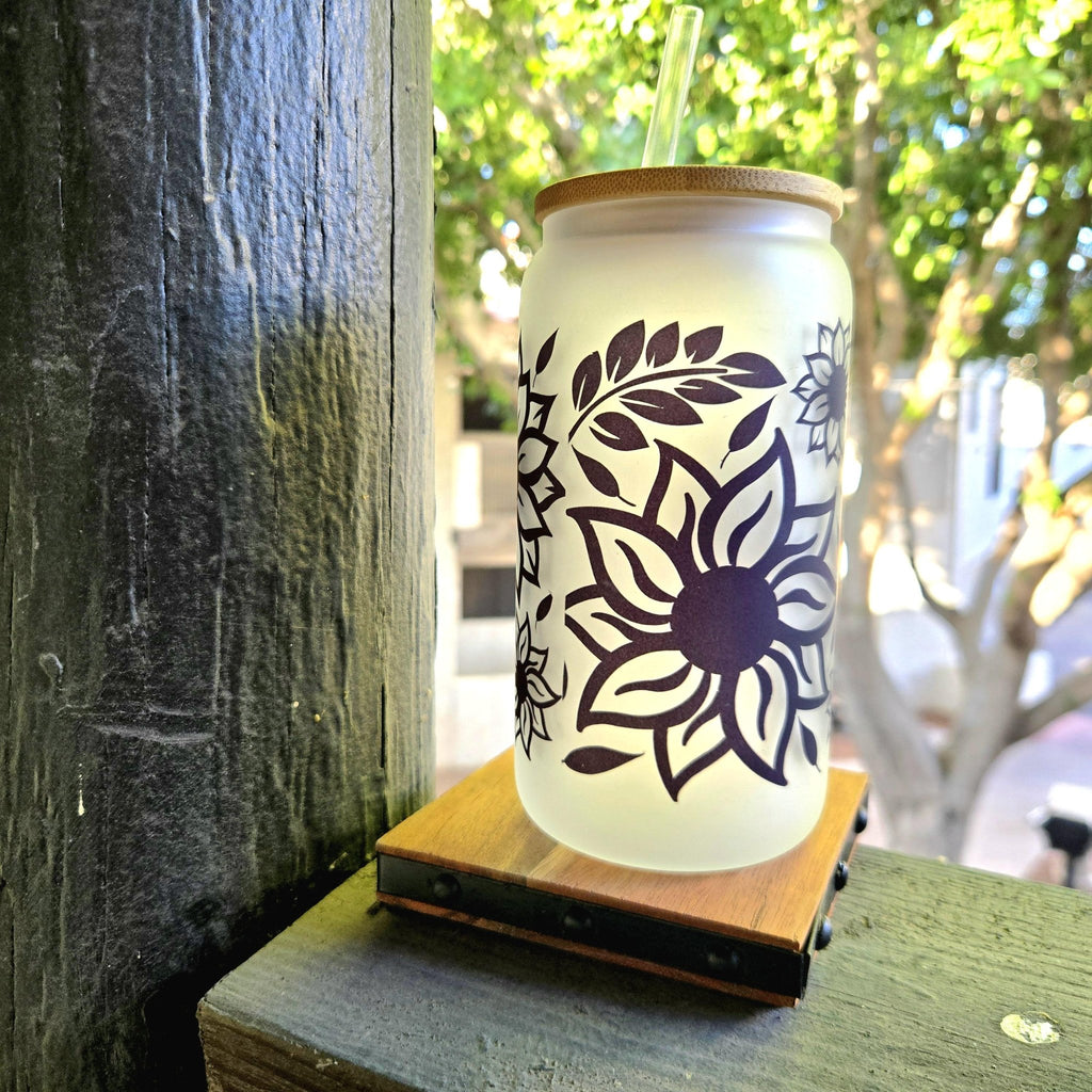 Sunflower Glass Can Tumbler: Frosted Coffee Quips Jar with Bamboo Lid - Coffee Quips Custom Drinkware