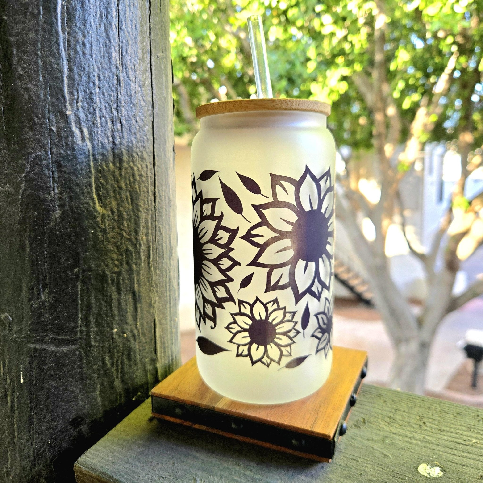 Sunflower Glass Can Tumbler: Frosted Coffee Quips Jar with Bamboo Lid - Coffee Quips Custom Drinkware