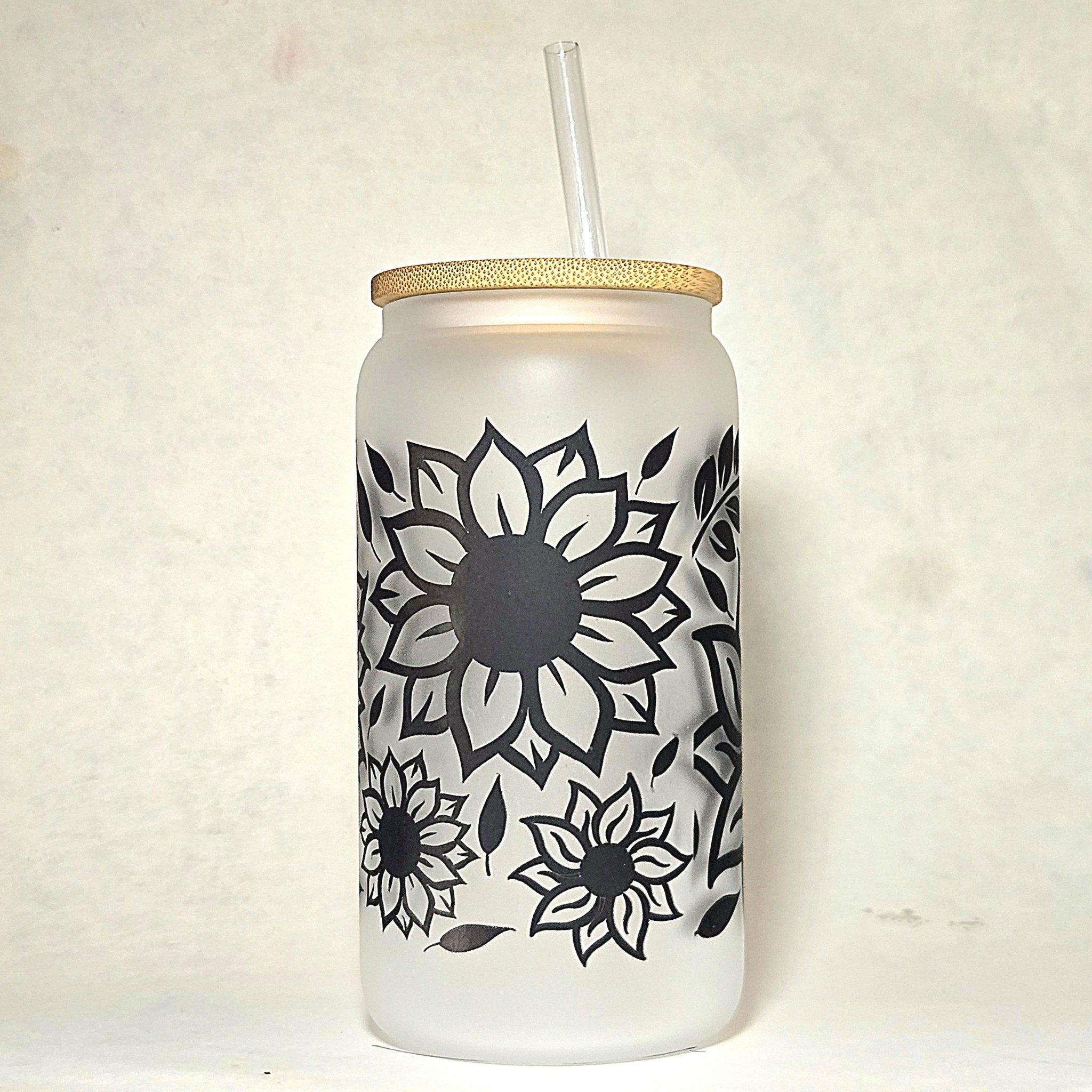 Sunflower Glass Can Tumbler: Frosted Coffee Quips Jar with Bamboo Lid - Coffee Quips Custom Drinkware