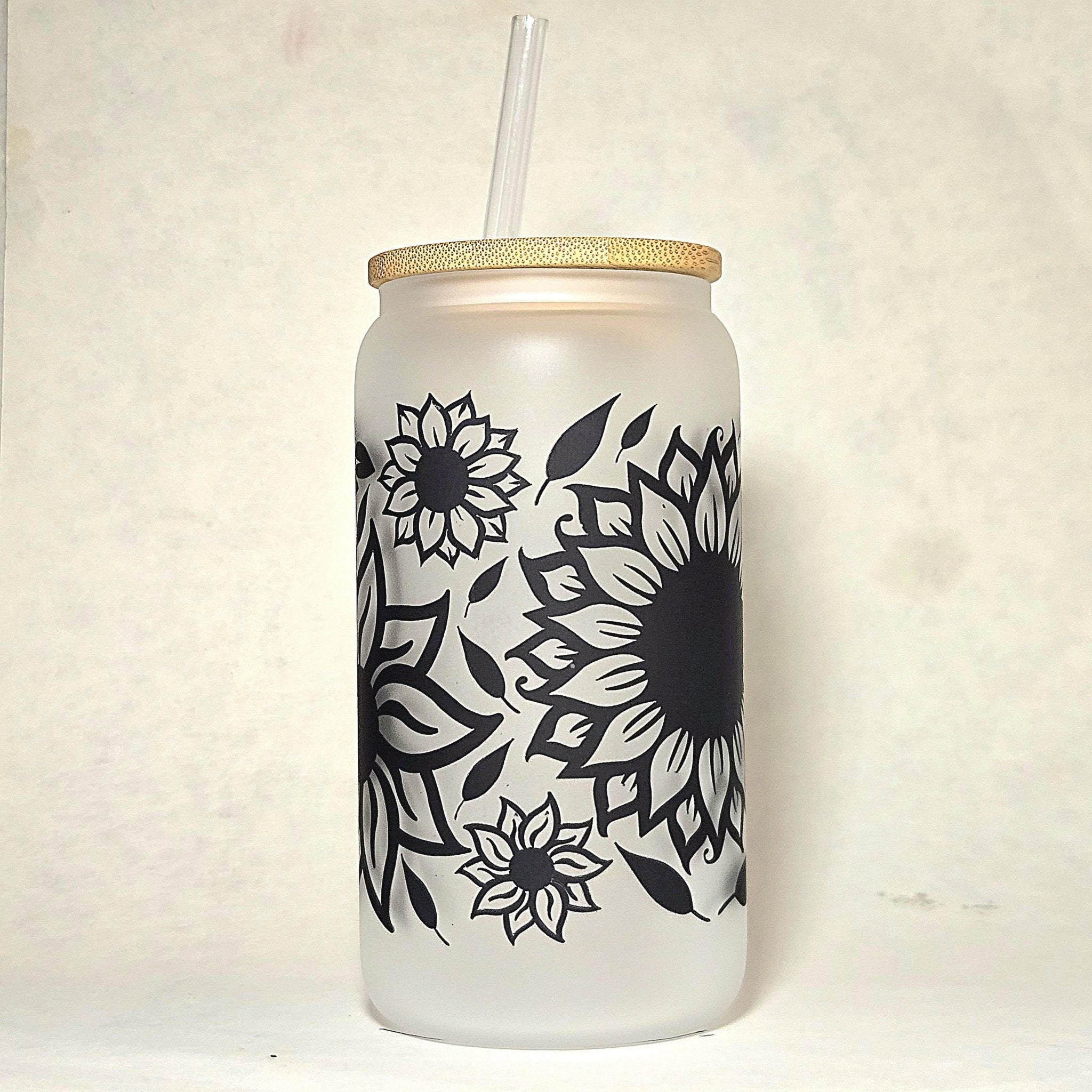 Sunflower Glass Can Tumbler: Frosted Coffee Quips Jar with Bamboo Lid - Coffee Quips Custom Drinkware