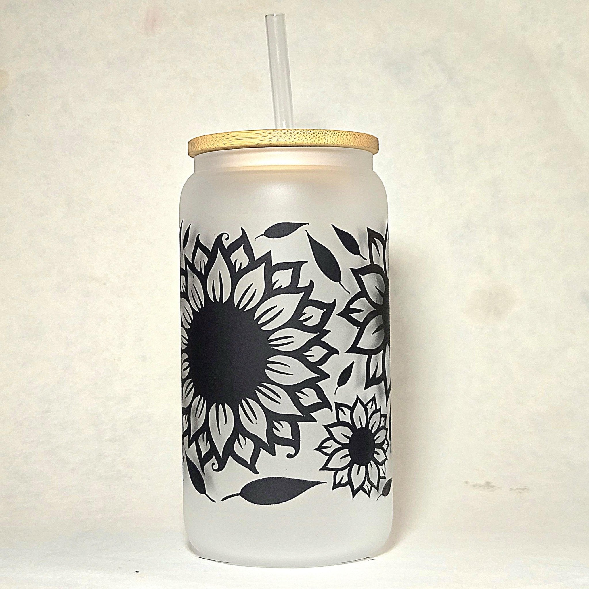 Sunflower Glass Can Tumbler: Frosted Coffee Quips Jar with Bamboo Lid - Coffee Quips Custom Drinkware
