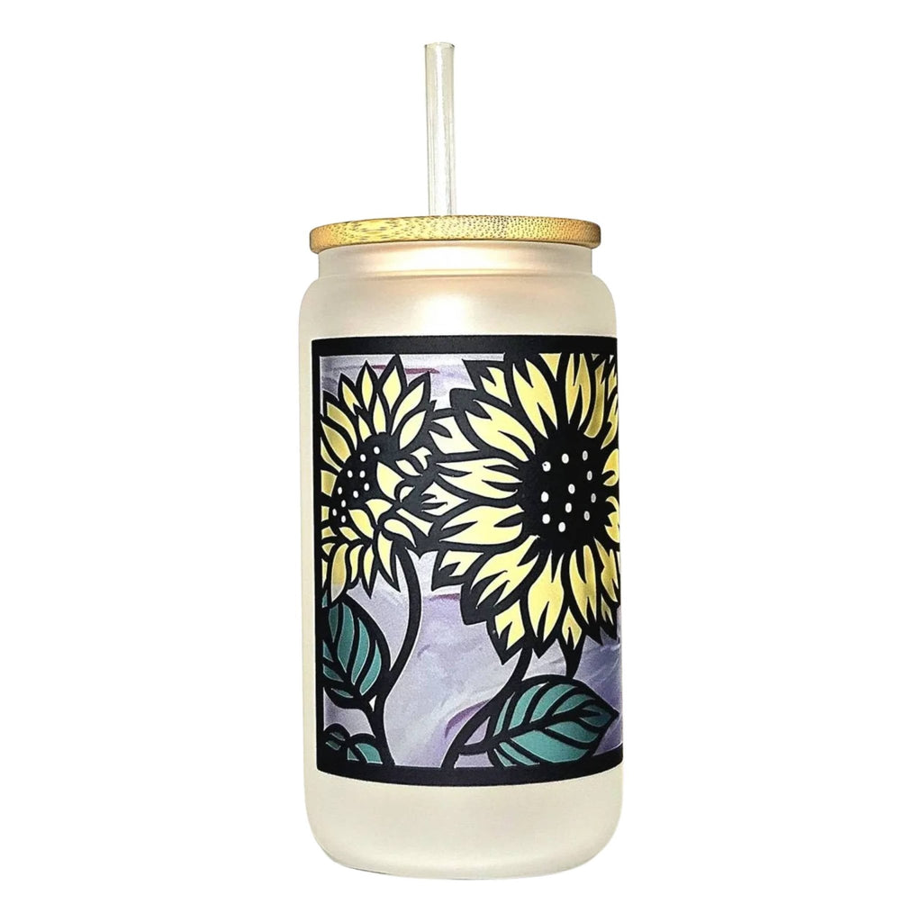 Sunflower Stained Glass Can Tumbler: Coffee Quips with Bamboo Lid - Coffee Quips Custom Drinkware