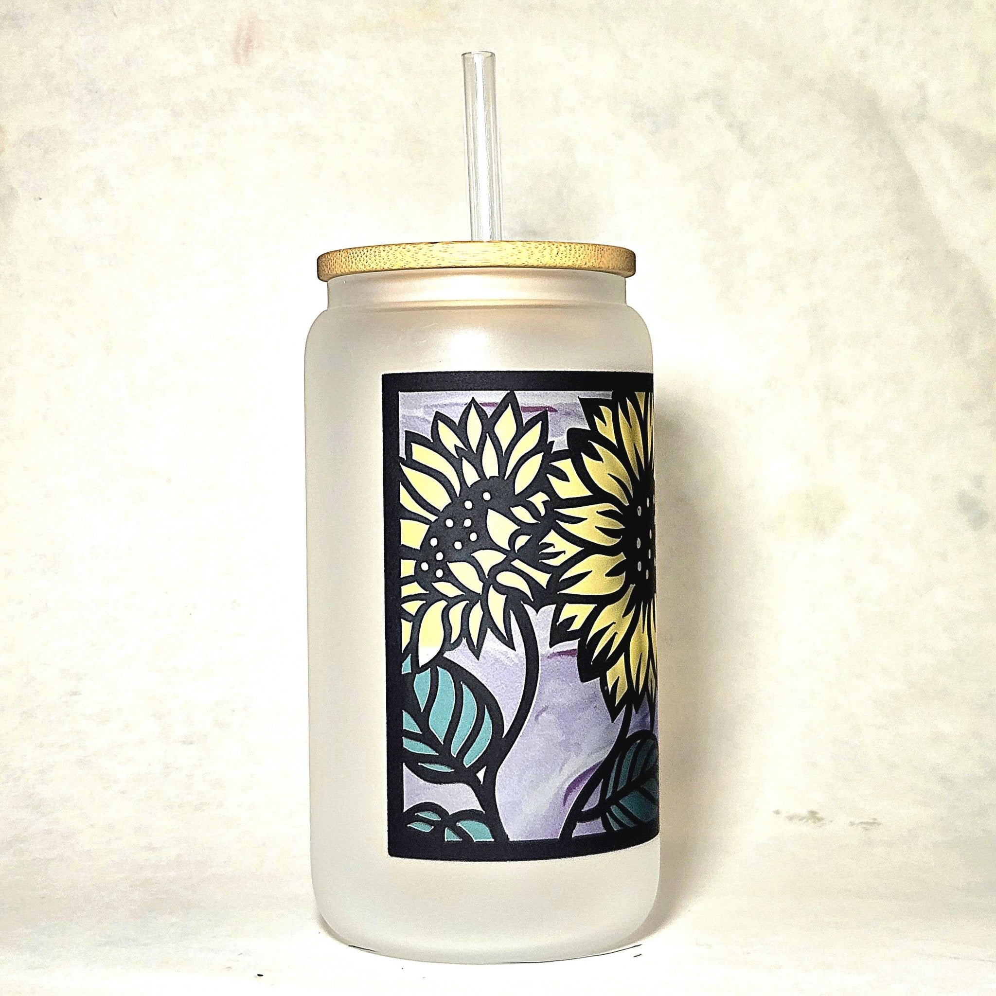 Sunflower Stained Glass Can Tumbler: Coffee Quips with Bamboo Lid - Coffee Quips Custom Drinkware