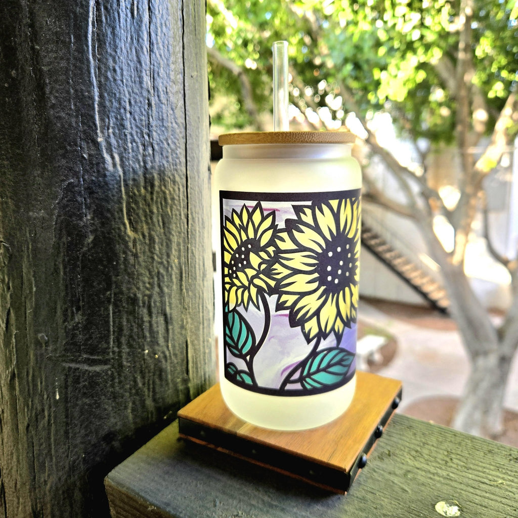 Sunflower Stained Glass Can Tumbler: Coffee Quips with Bamboo Lid - Coffee Quips Custom Drinkware