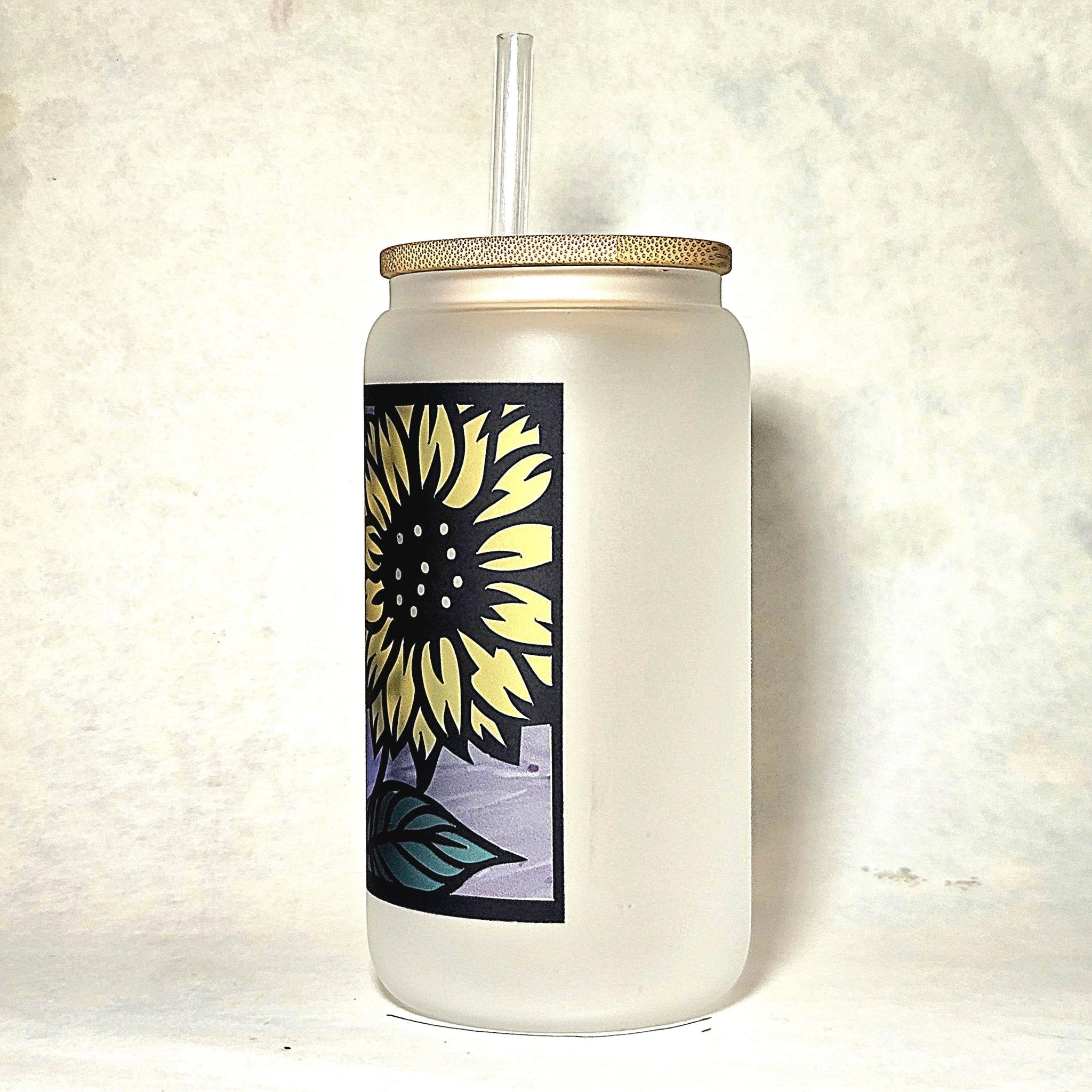 Sunflower Stained Glass Can Tumbler: Coffee Quips with Bamboo Lid - Coffee Quips Custom Drinkware
