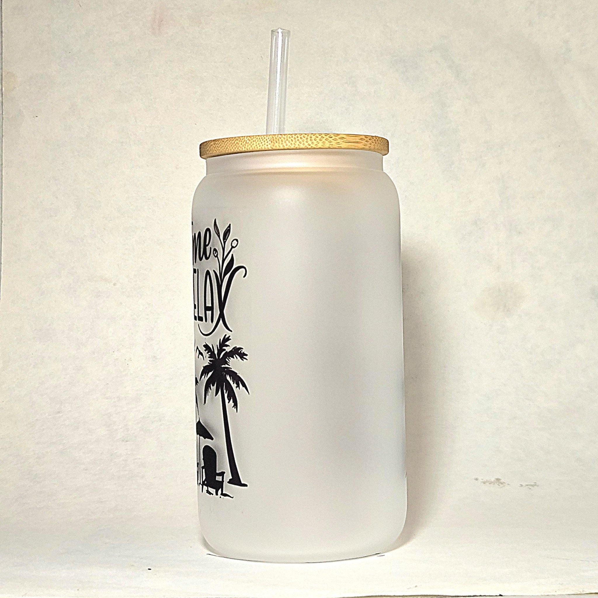 Time to Relax Glass Can Tumbler, Beachy Vacation Cup - Coffee Quips Custom Drinkware