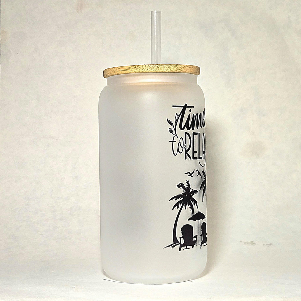 Time to Relax Glass Can Tumbler, Beachy Vacation Cup - Coffee Quips Custom Drinkware