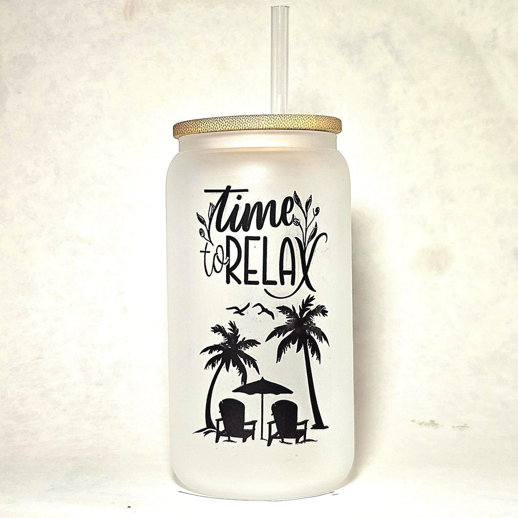 Time to Relax Glass Can Tumbler, Beachy Vacation Cup - Coffee Quips Custom Drinkware