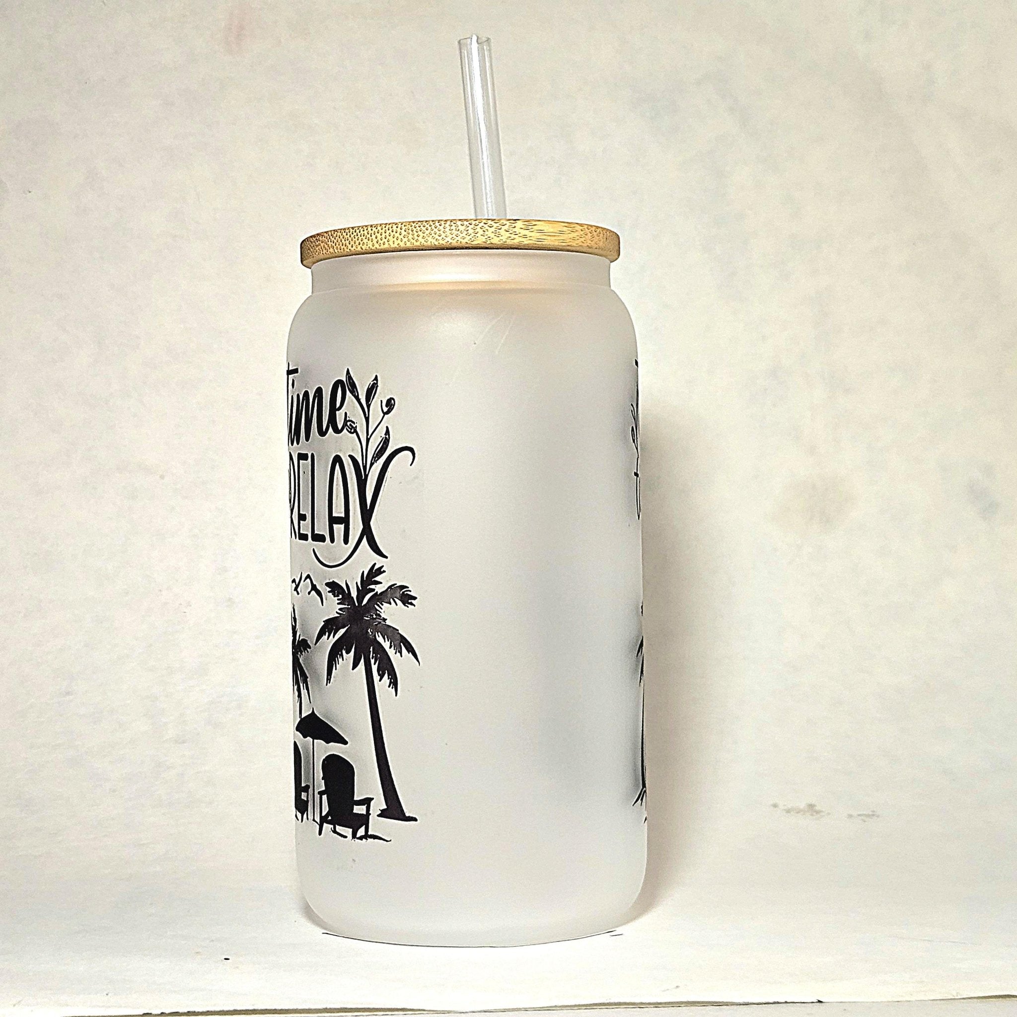 Time to Relax Glass Can Tumbler, Beachy Vacation Cup - Coffee Quips Custom Drinkware
