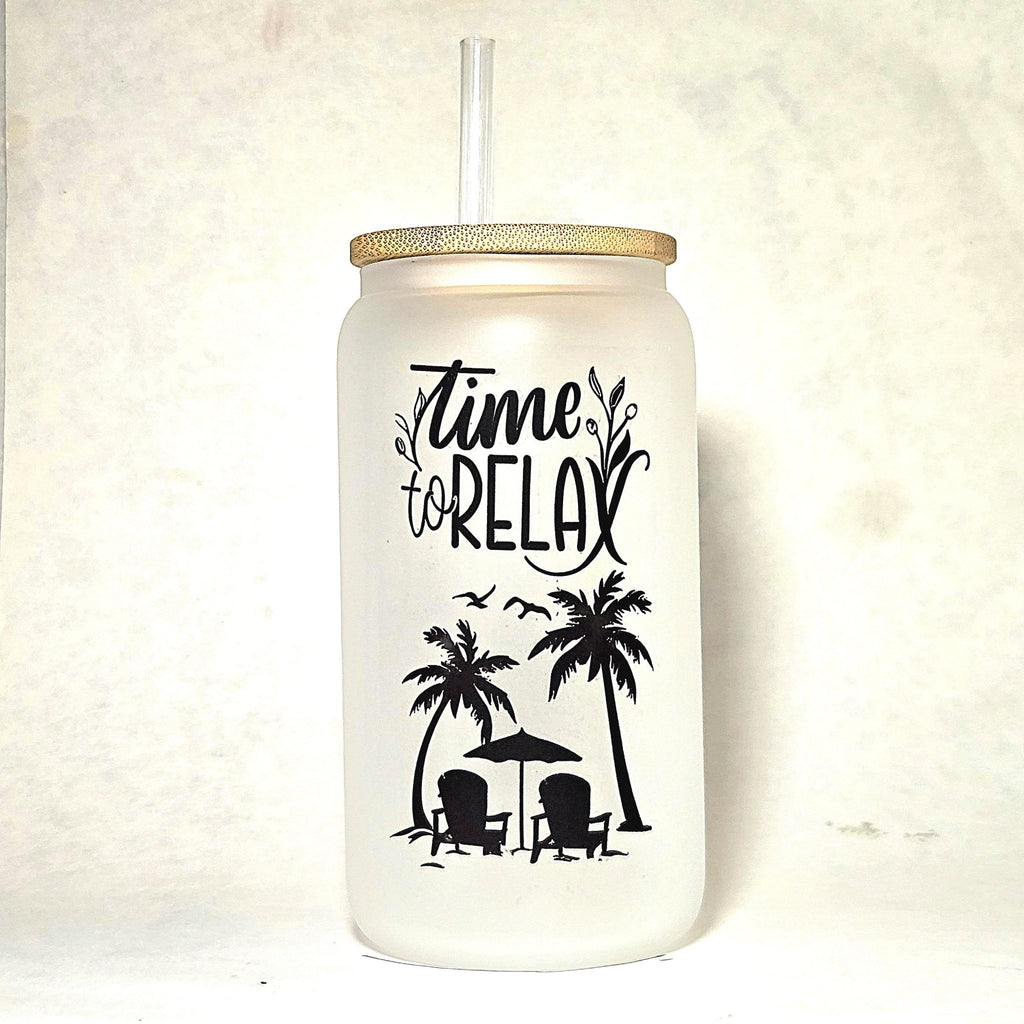 Time to Relax Glass Can Tumbler, Beachy Vacation Cup - Coffee Quips Custom Drinkware