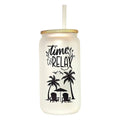 Time to Relax Glass Can Tumbler, Beachy Vacation Cup - Coffee Quips Custom Drinkware