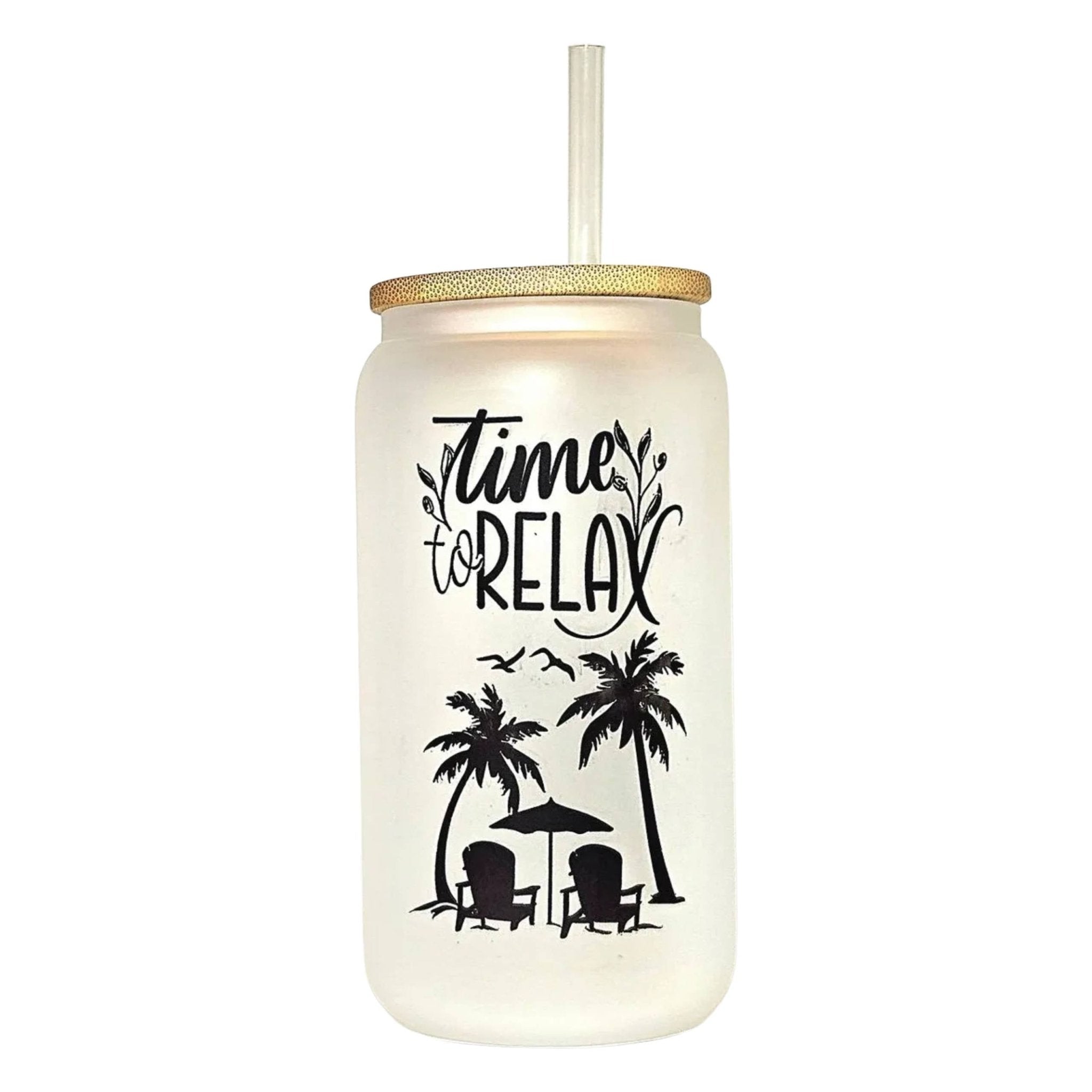 Time to Relax Glass Can Tumbler, Beachy Vacation Cup - Coffee Quips Custom Drinkware