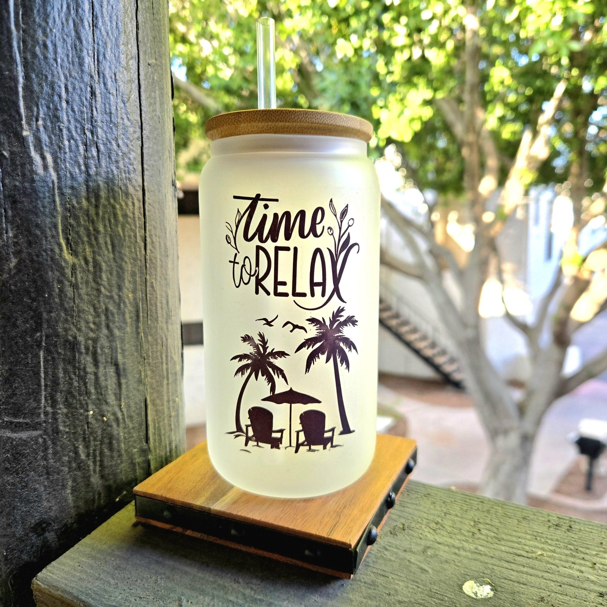 Time to Relax Glass Can Tumbler, Beachy Vacation Cup - Coffee Quips Custom Drinkware