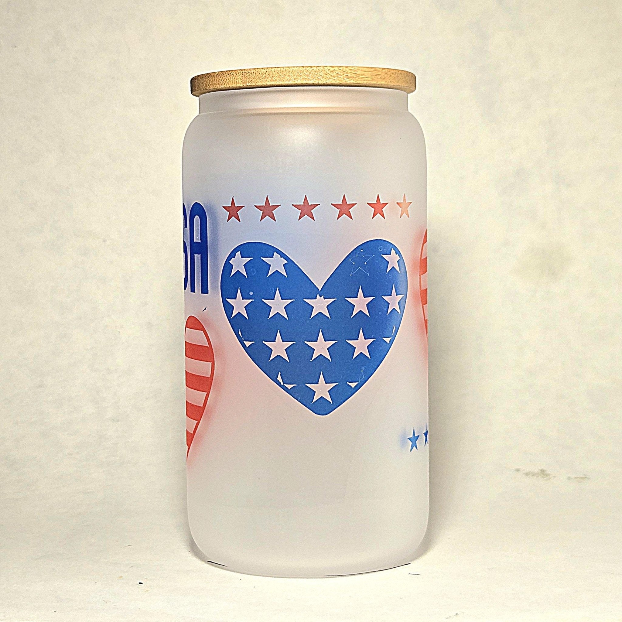 USA Glass Can Tumbler: Frosted Coffee Cup with Red & Blue Hearts - Coffee Quips Custom Drinkware