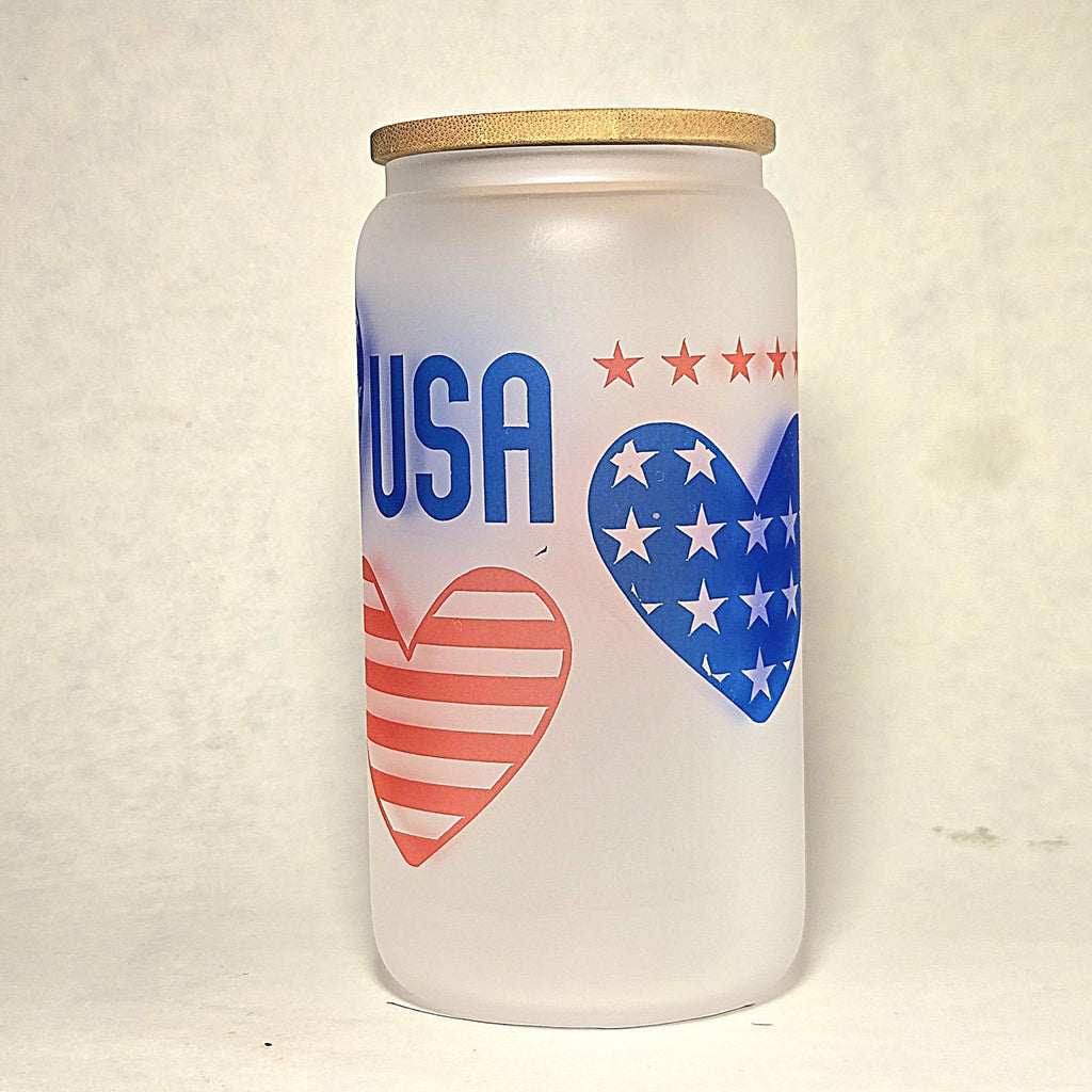 USA Glass Can Tumbler: Frosted Coffee Cup with Red & Blue Hearts - Coffee Quips Custom Drinkware