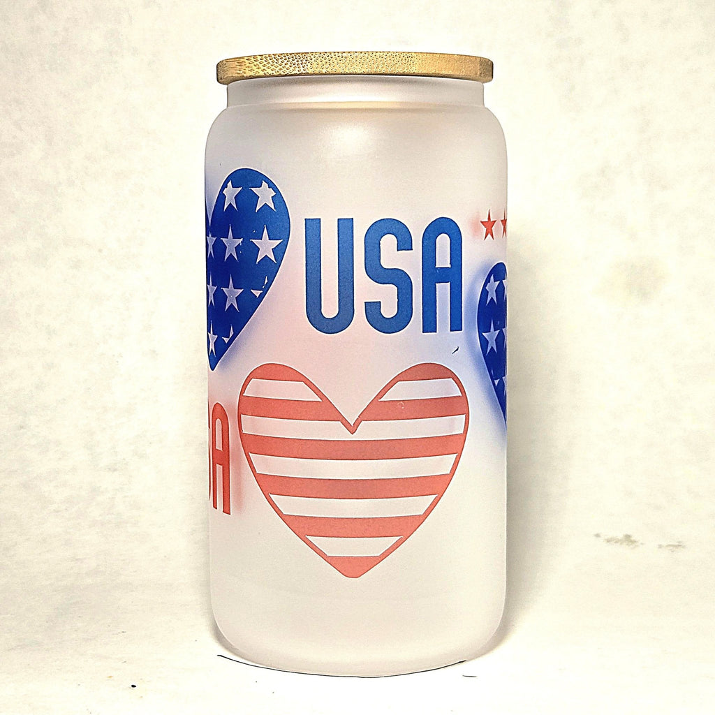 USA Glass Can Tumbler: Frosted Coffee Cup with Red & Blue Hearts - Coffee Quips Custom Drinkware
