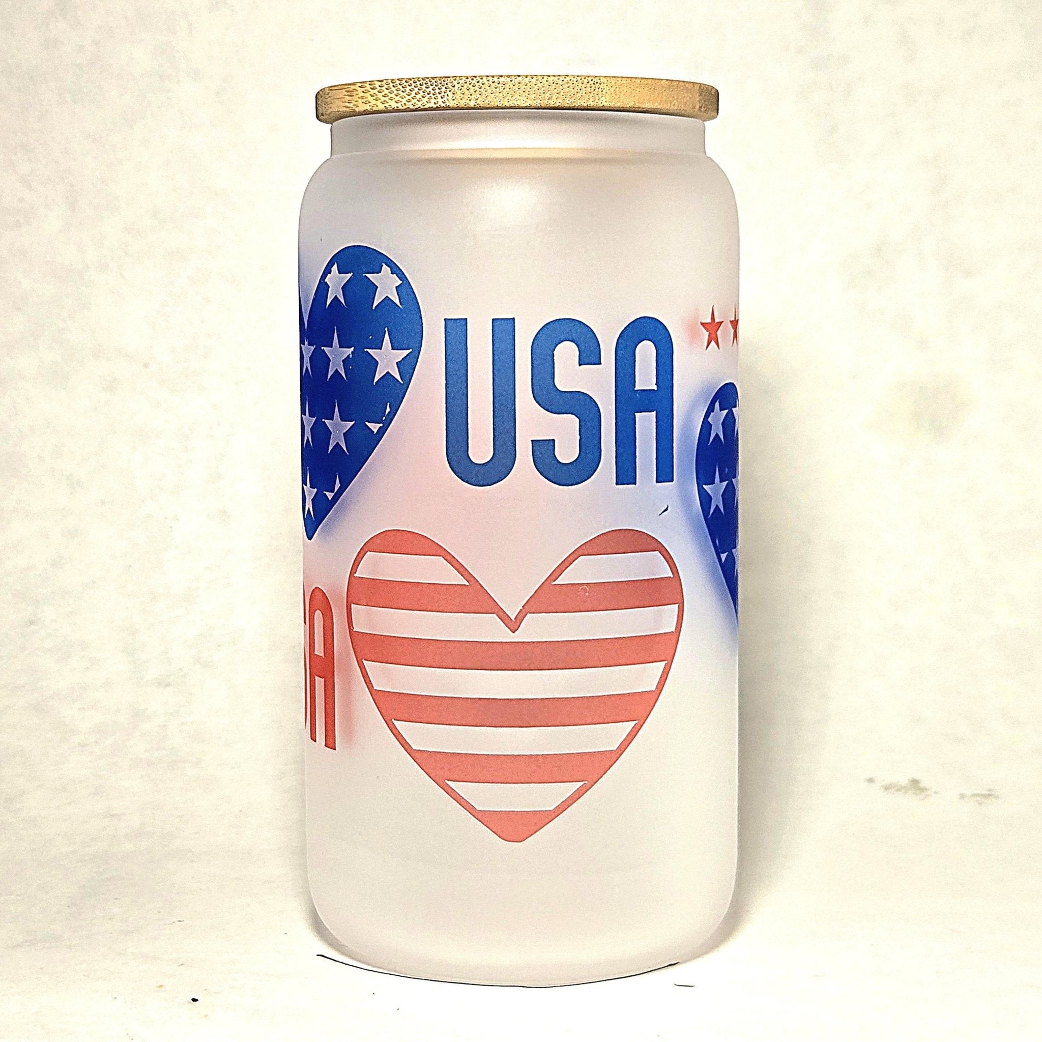 USA Glass Can Tumbler: Frosted Coffee Cup with Red & Blue Hearts - Coffee Quips Custom Drinkware