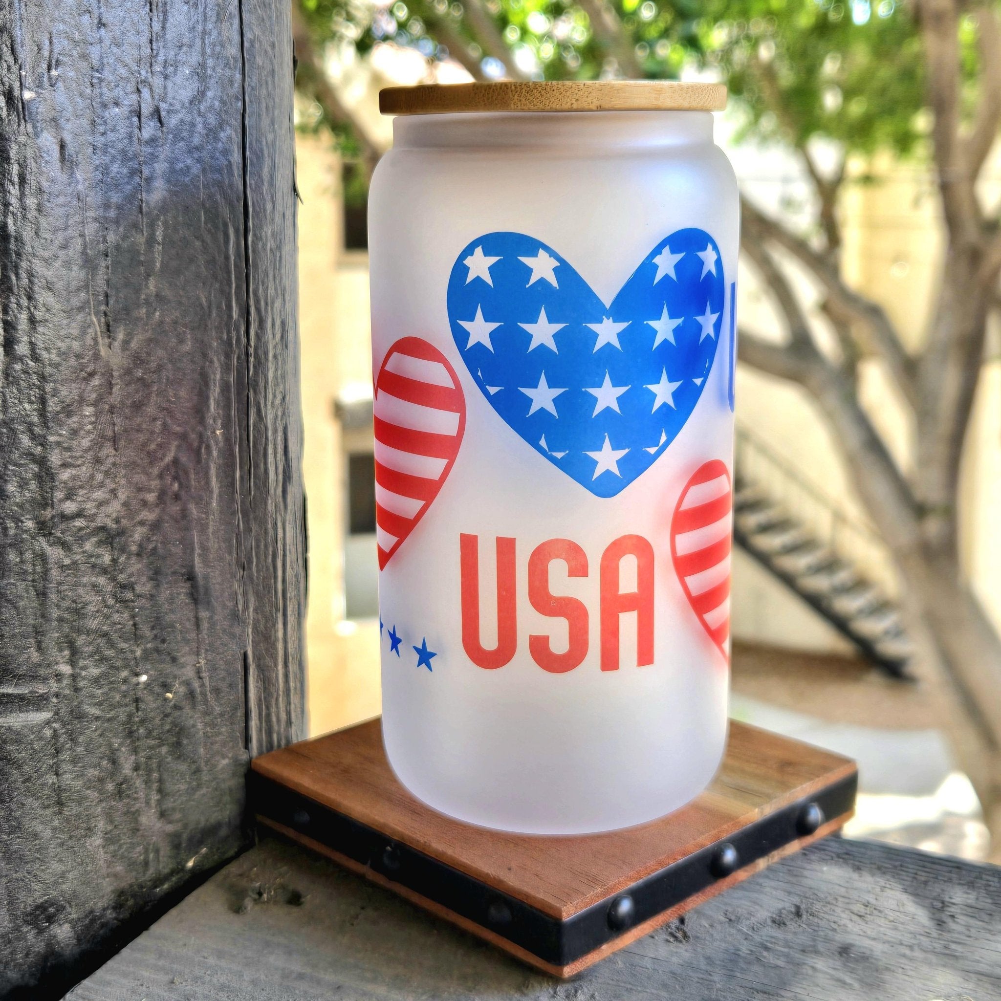USA Glass Can Tumbler: Frosted Coffee Cup with Red & Blue Hearts - Coffee Quips Custom Drinkware