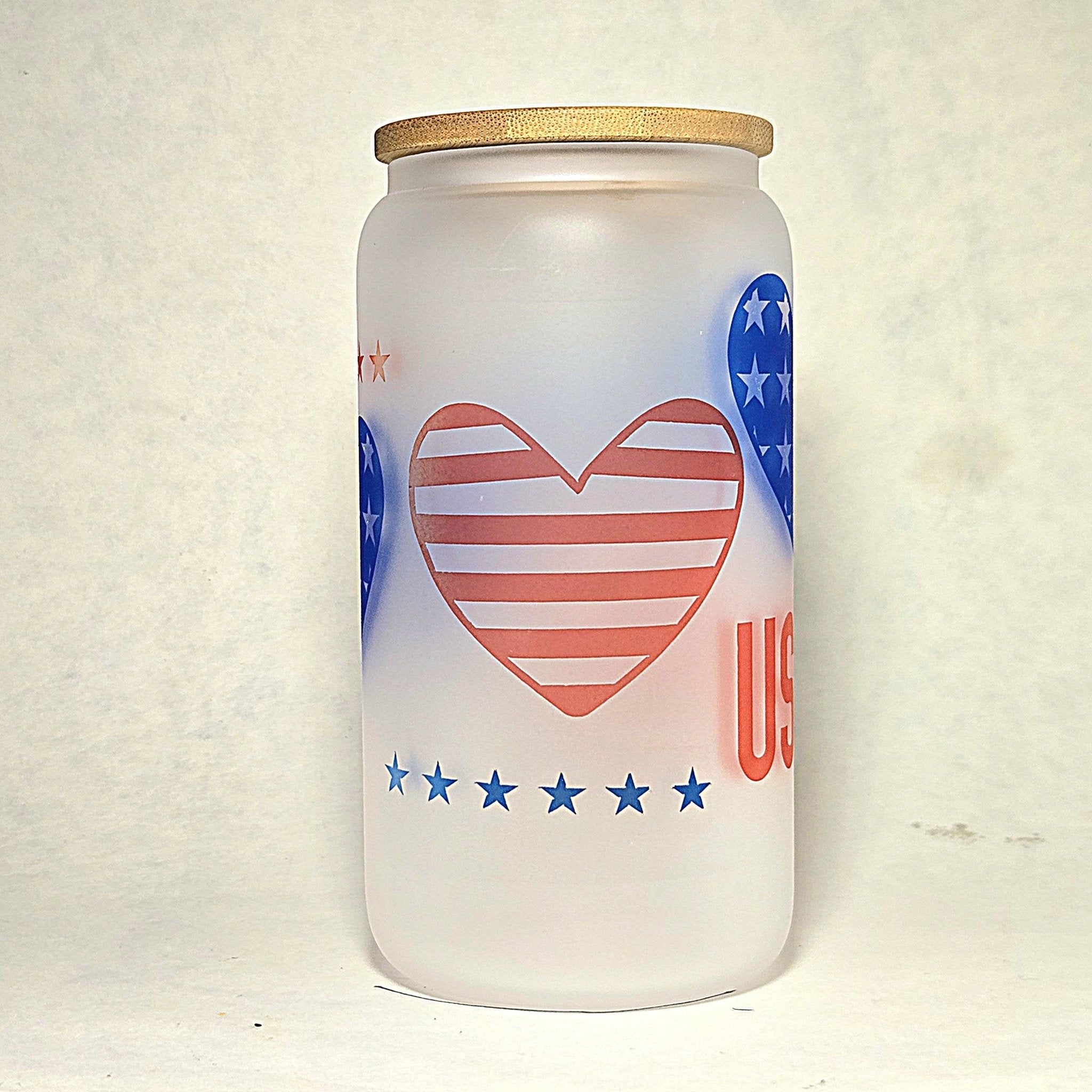 USA Glass Can Tumbler: Frosted Coffee Cup with Red & Blue Hearts - Coffee Quips Custom Drinkware