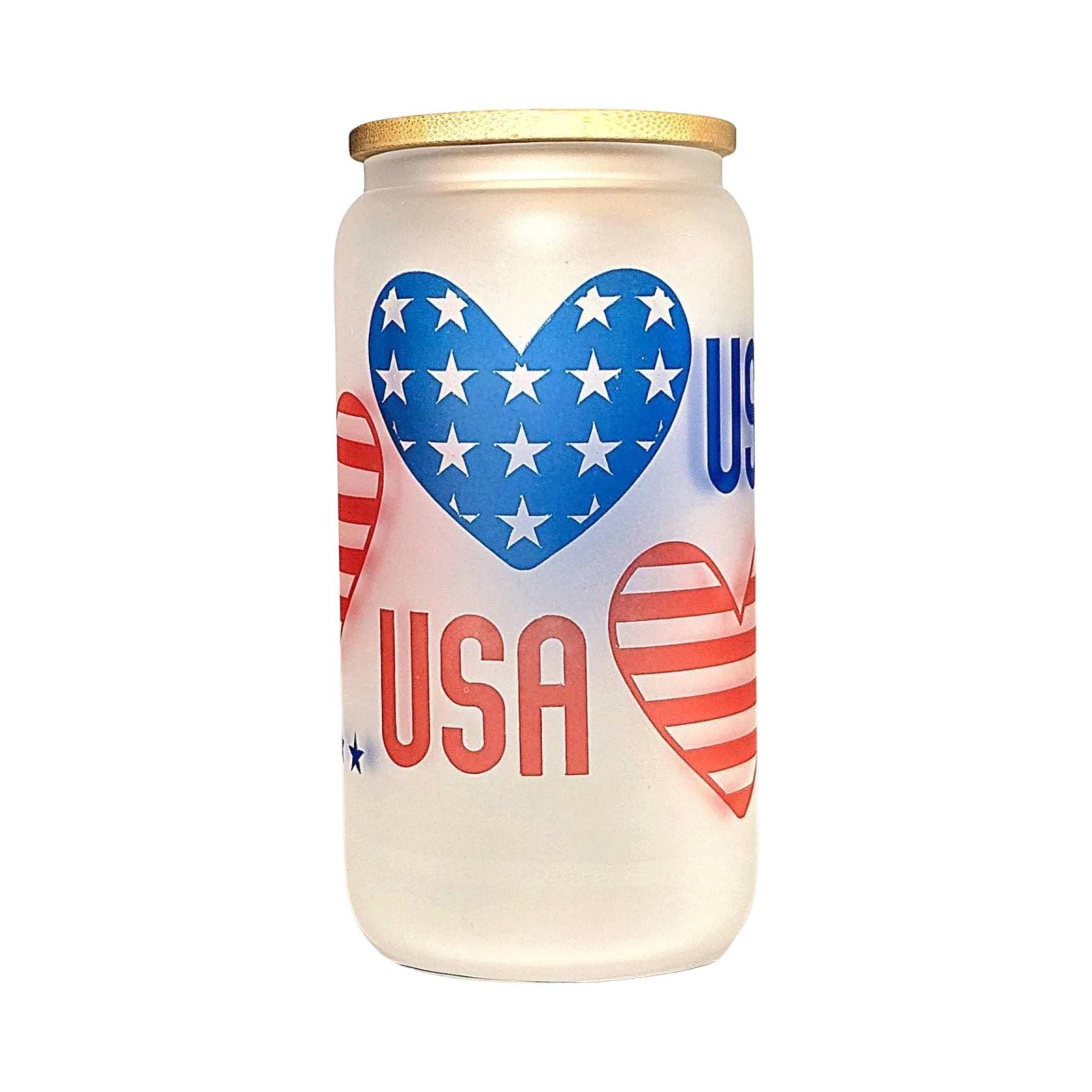 USA Glass Can Tumbler: Frosted Coffee Cup with Red & Blue Hearts - Coffee Quips Custom Drinkware