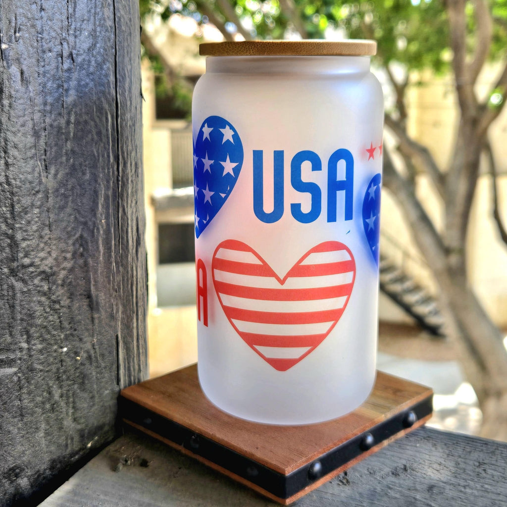 USA Glass Can Tumbler: Frosted Coffee Cup with Red & Blue Hearts - Coffee Quips Custom Drinkware