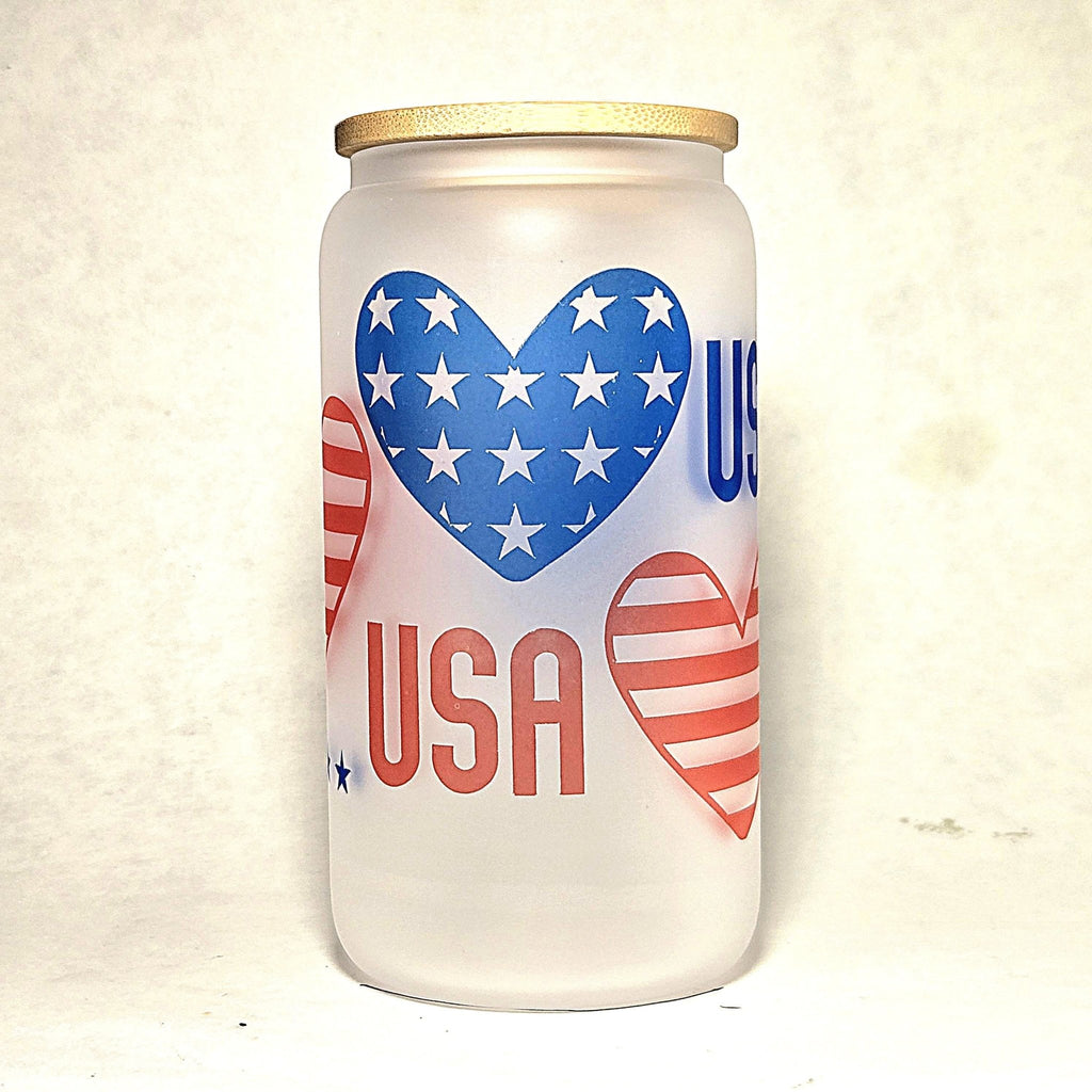 USA Glass Can Tumbler: Frosted Coffee Cup with Red & Blue Hearts - Coffee Quips Custom Drinkware
