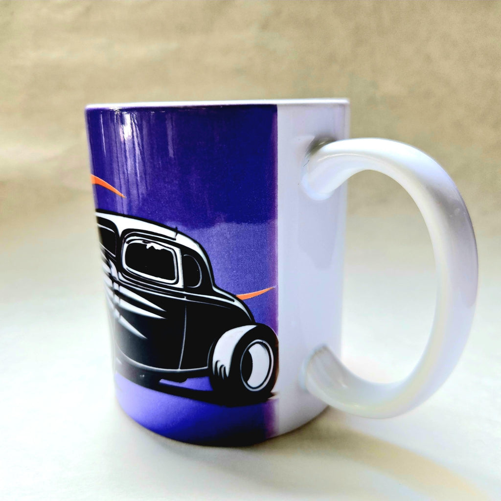 Vintage Hot Rod Coffee Mug: Flamed Ceramic Race Car Design - Coffee Quips Custom Drinkware