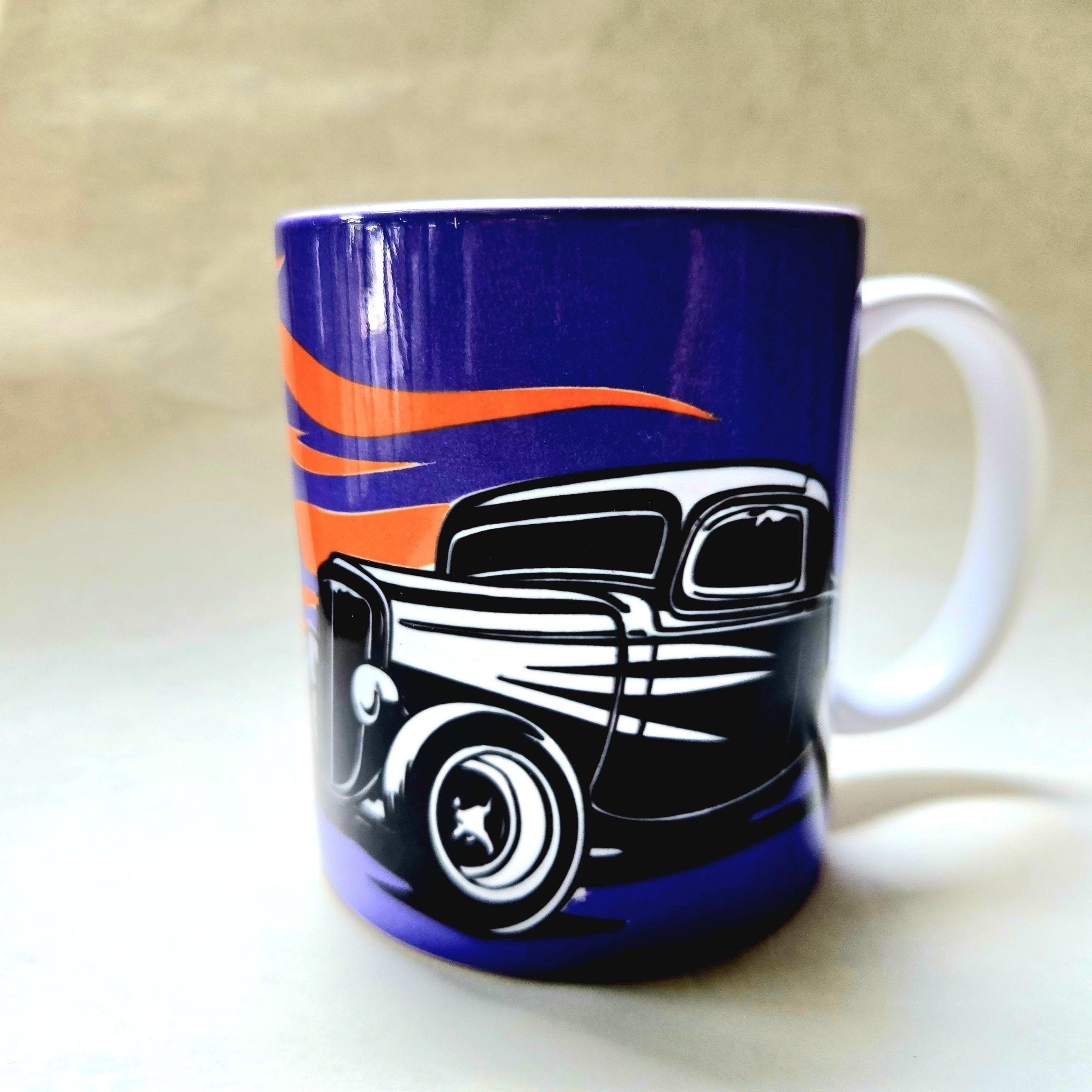 Vintage Hot Rod Coffee Mug: Flamed Ceramic Race Car Design - Coffee Quips Custom Drinkware