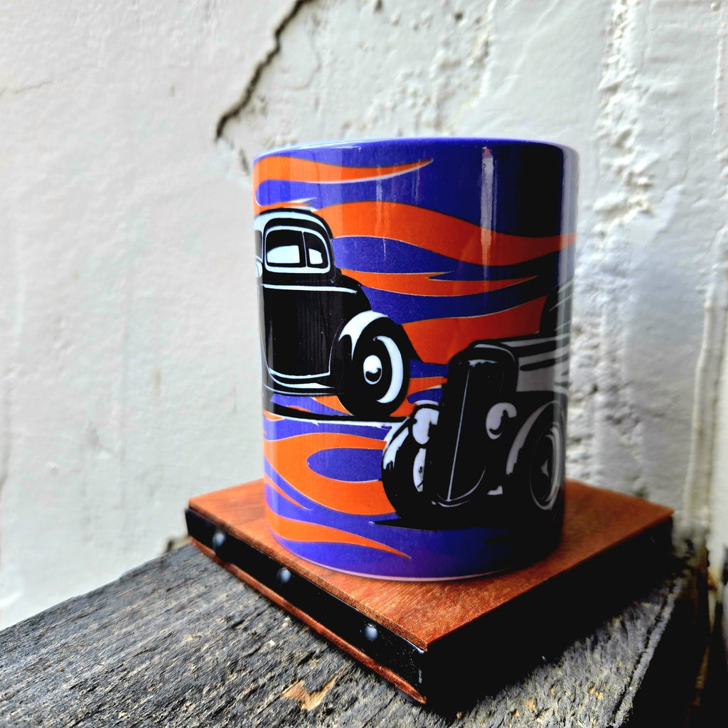 Vintage Hot Rod Coffee Mug: Flamed Ceramic Race Car Design - Coffee Quips Custom Drinkware